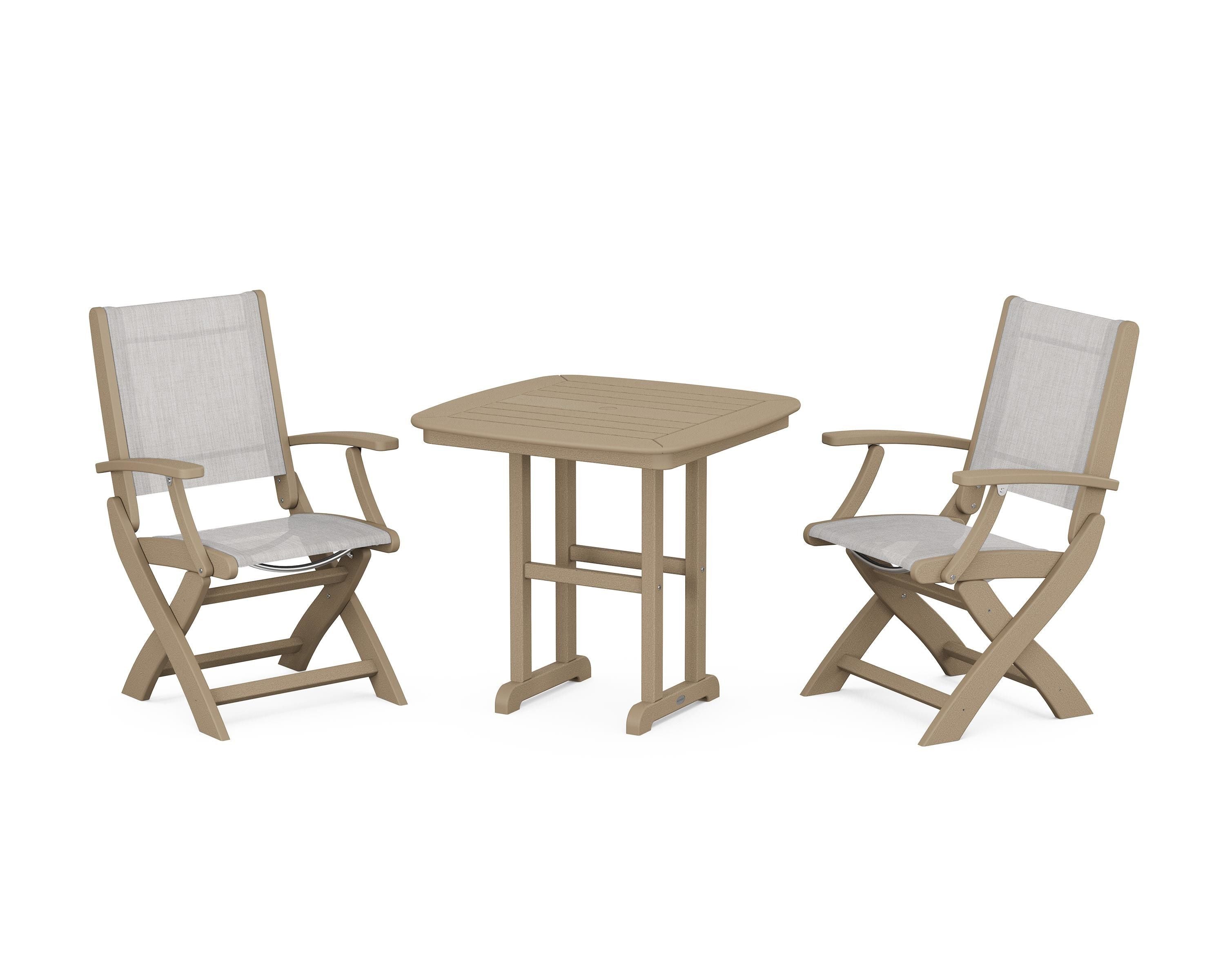 POLYWOOD Coastal Folding Chair 3-Piece Dining Set in Vintage Sahara / Parchment Sling