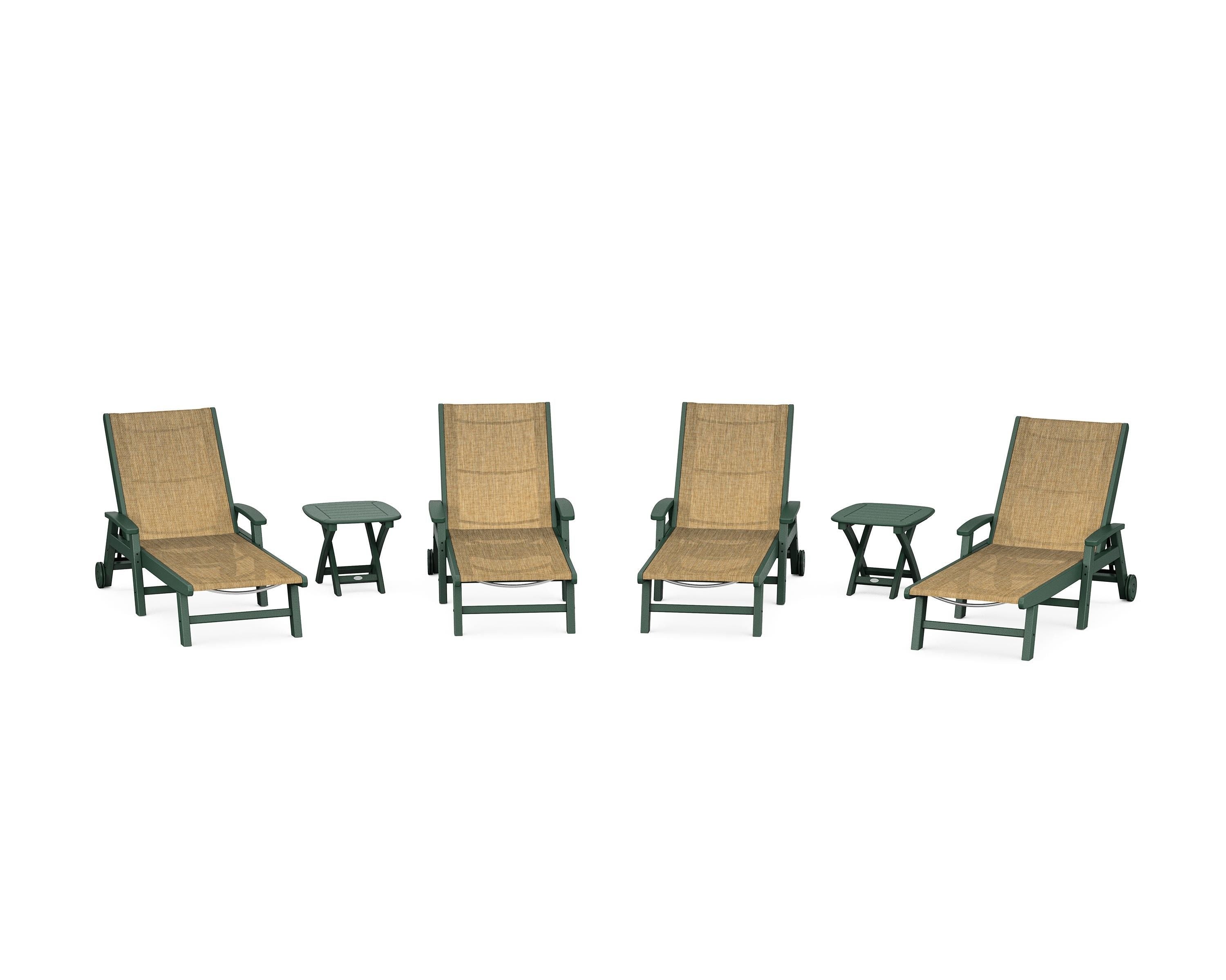 POLYWOOD Coastal Chaise 6-Piece Set with Wheels in Green / Burlap Sling