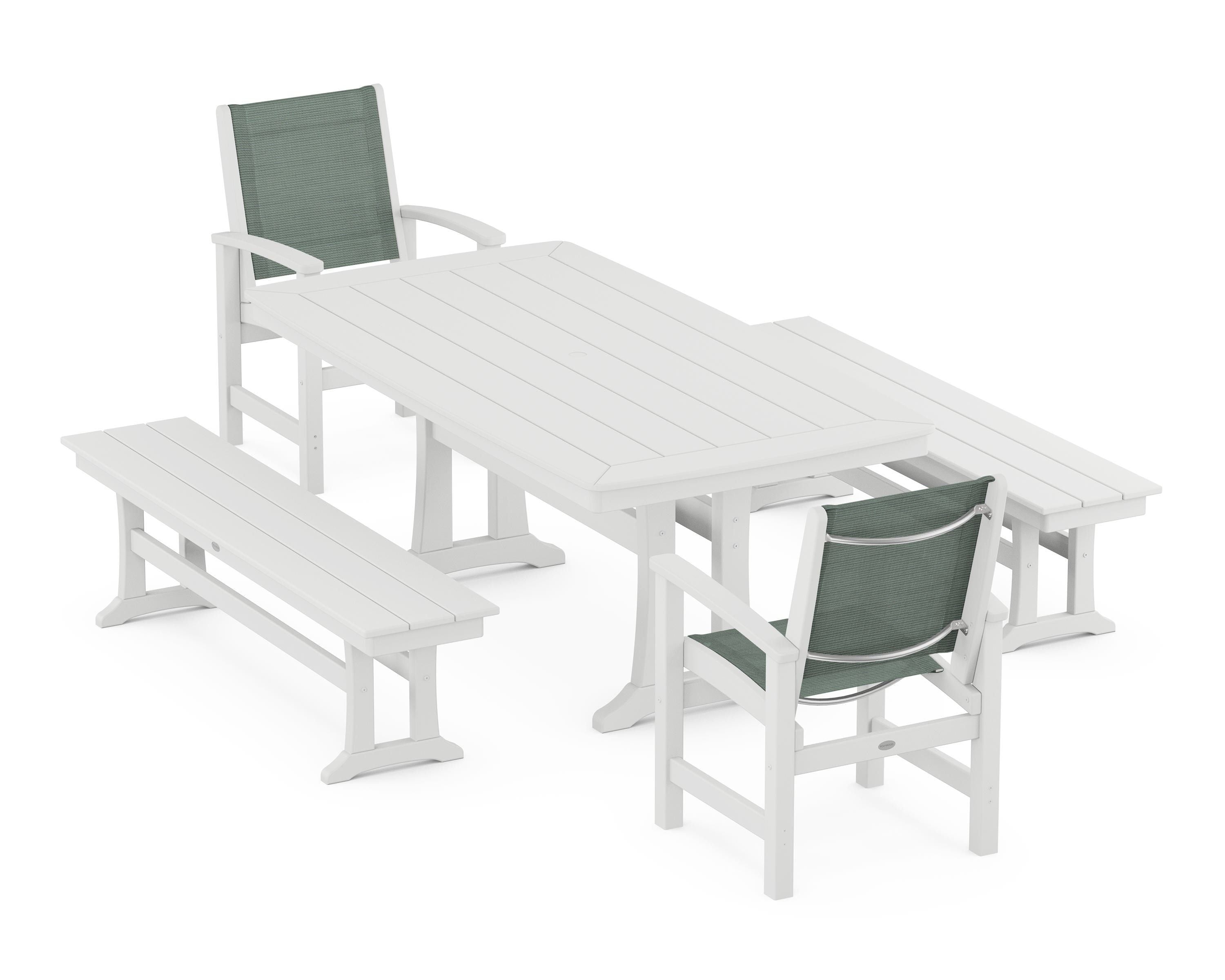 POLYWOOD Coastal 5-Piece Dining Set with Trestle Legs and Benches in White / Dupioni Sea Mist Sling
