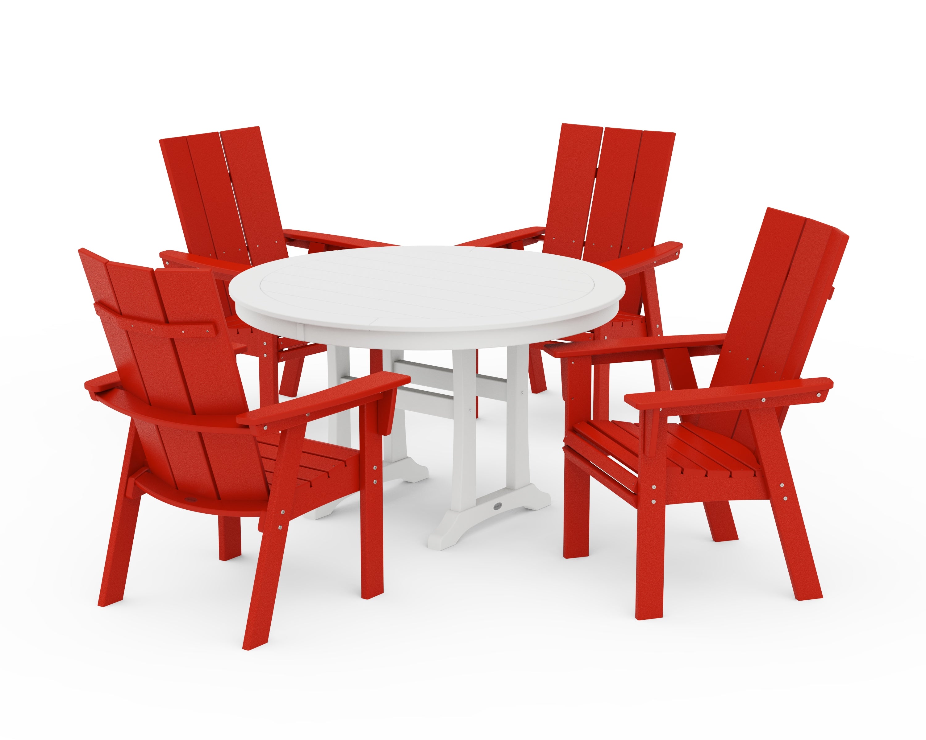 POLYWOOD Modern Curveback Adirondack 5-Piece Nautical Trestle Dining Set in Sunset Red / White