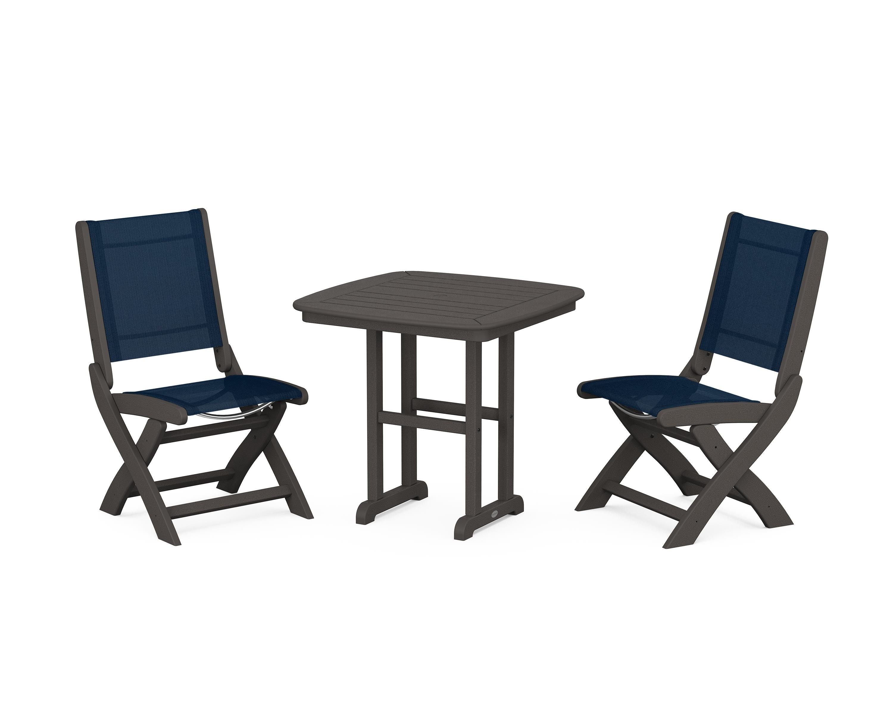 POLYWOOD Coastal Folding Side Chair 3-Piece Dining Set in Vintage Coffee / Navy Blue Sling