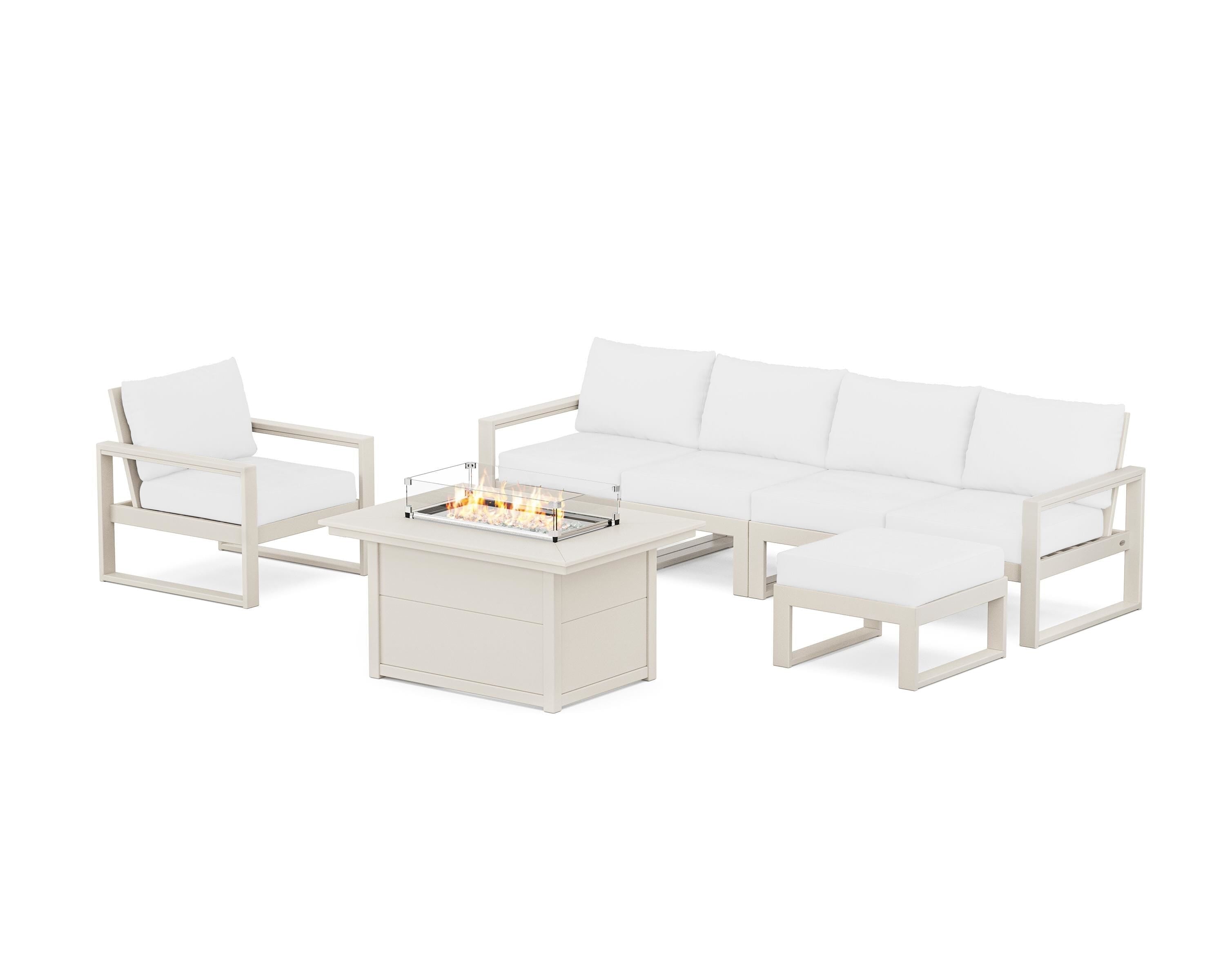 POLYWOOD EDGE Sectional Lounge and Fire Pit Set in Sand / Natural