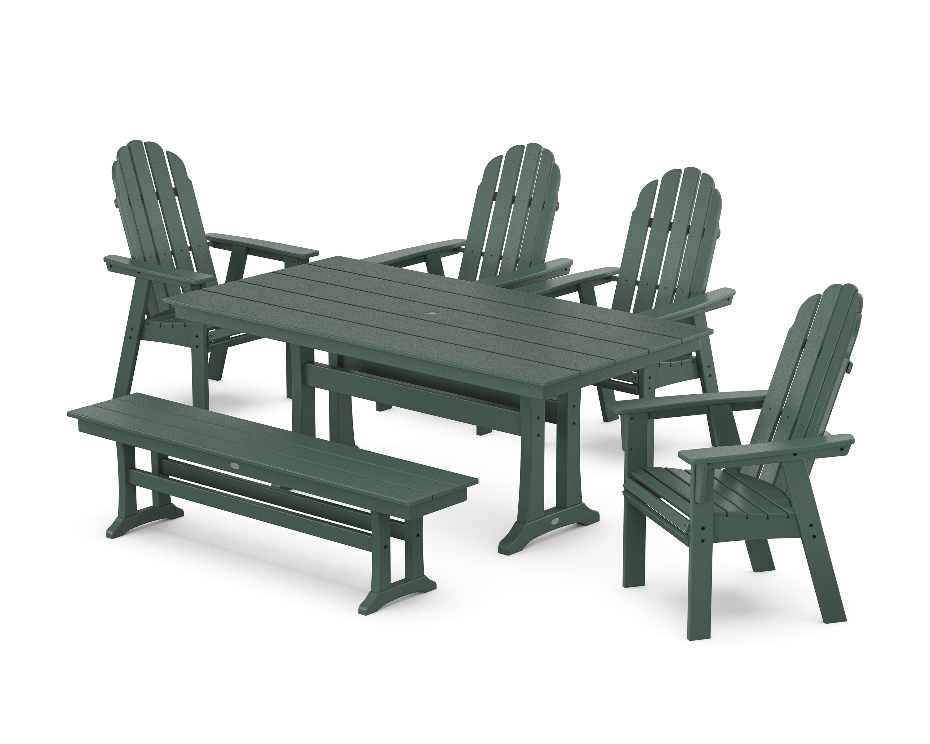 POLYWOOD Vineyard Curveback Adirondack Chair 6-Piece Farmhouse Dining Set with Trestle Legs and Bench in Green