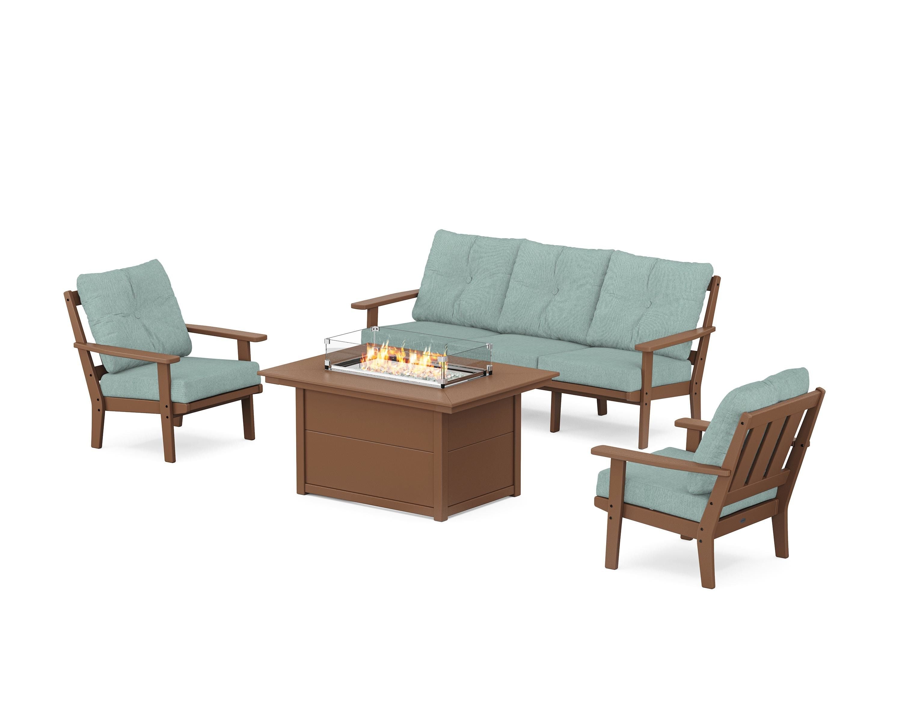 POLYWOOD Oxford Deep Seating Fire Pit Table Set in Teak / Glacier Spa