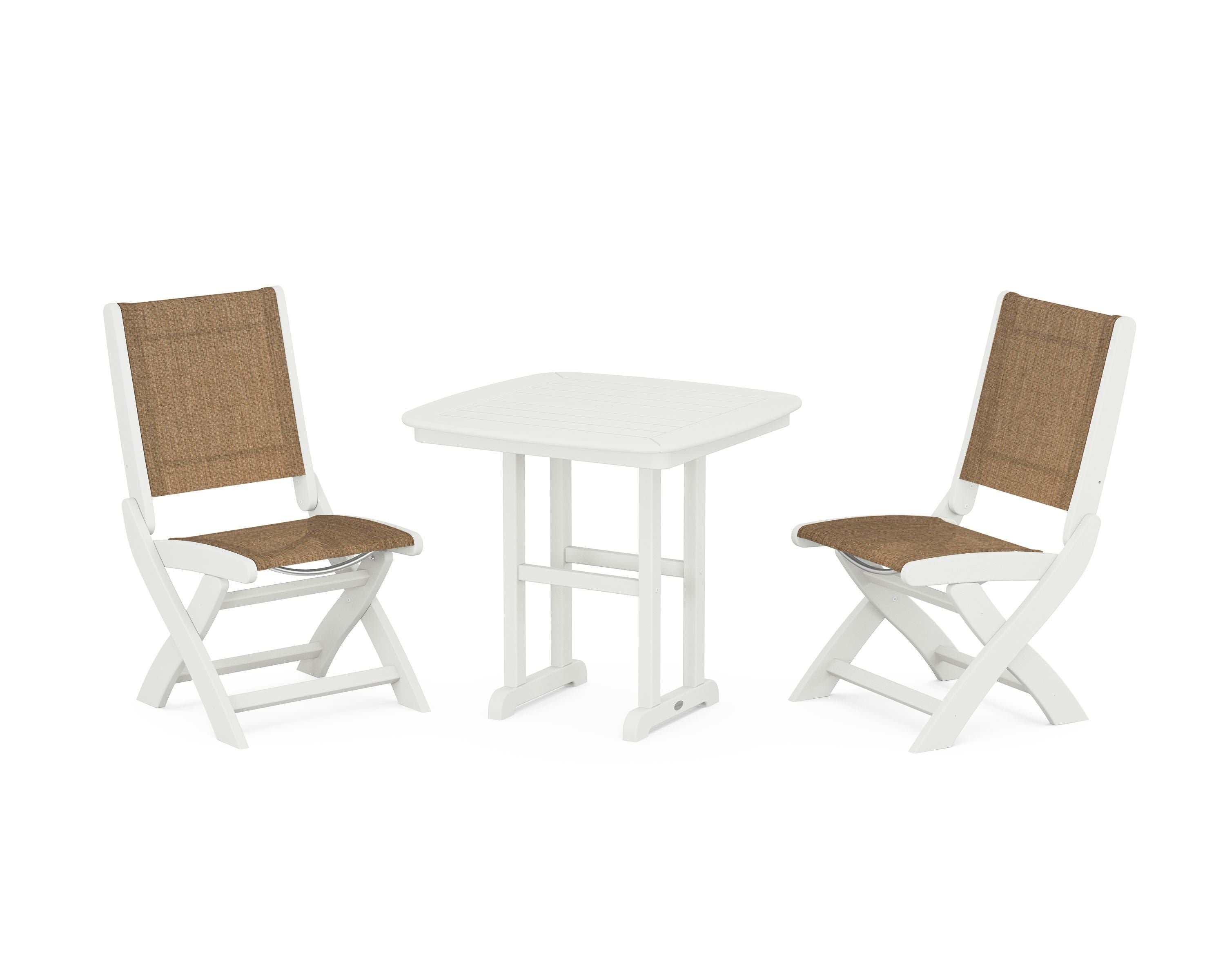 POLYWOOD Coastal Folding Side Chair 3-Piece Dining Set in Vintage White / Burlap Sling