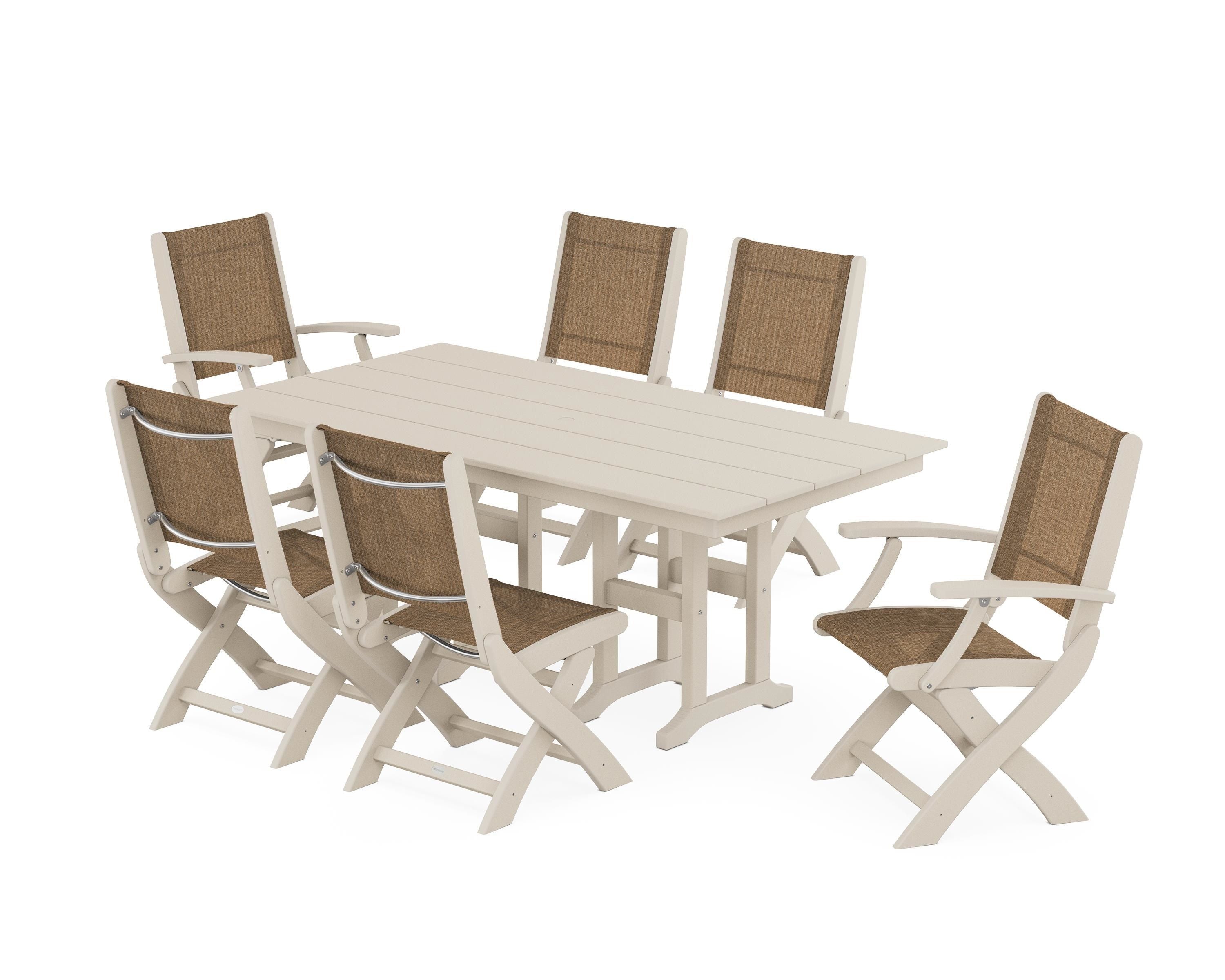 POLYWOOD Coastal Folding Chair 7-Piece Farmhouse Dining Set in Sand / Burlap Sling