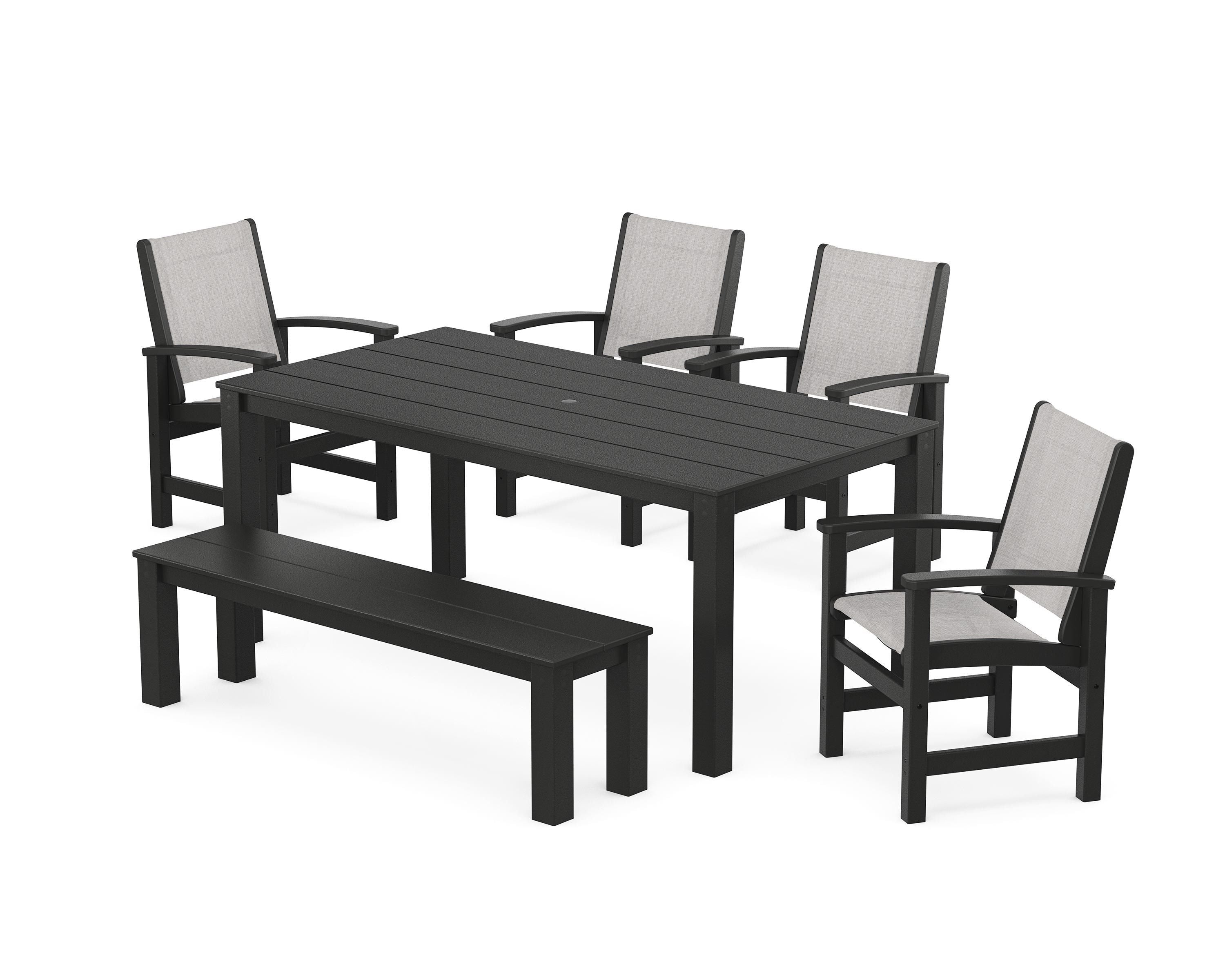 POLYWOOD Coastal 6-Piece Parsons Dining Set with Bench in Black / Parchment Sling