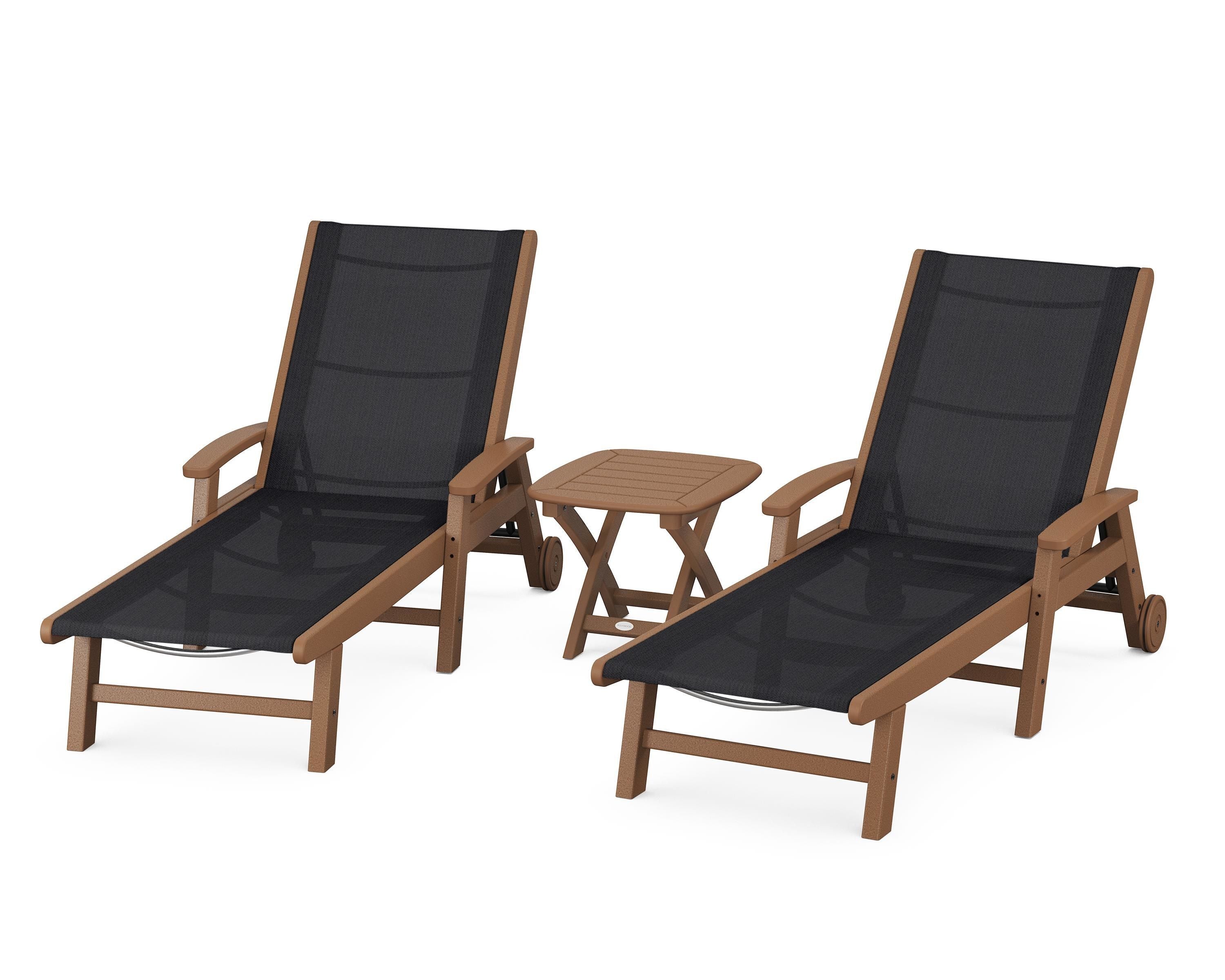 POLYWOOD Coastal 3-Piece Wheeled Chaise Set in Teak / Black Sling