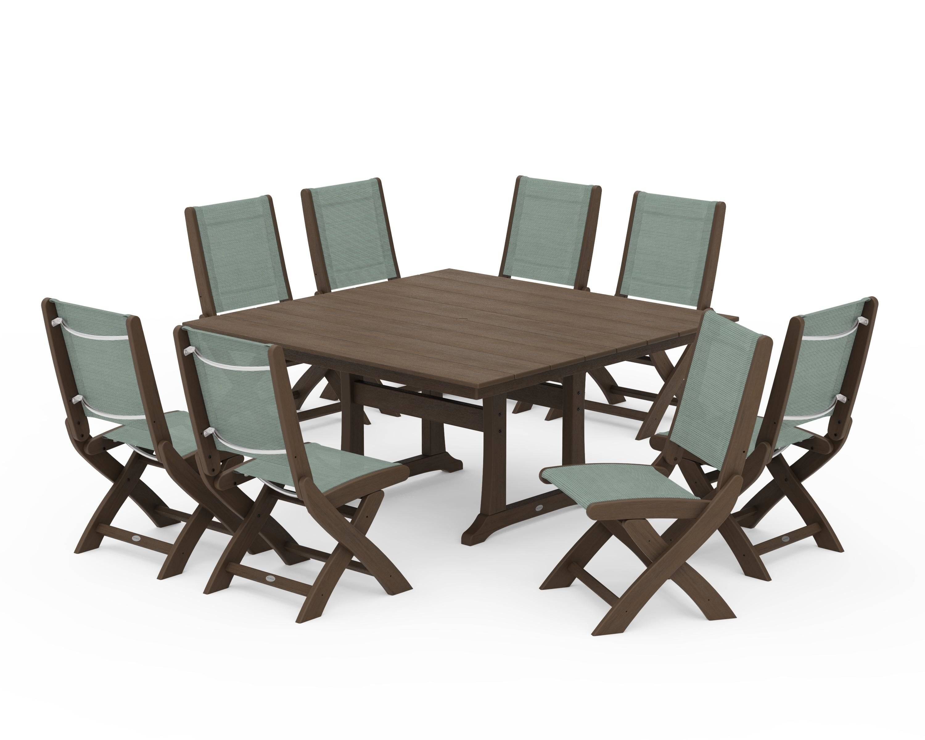 POLYWOOD Coastal Folding Side Chair 9-Piece Farmhouse Dining Set in Kona / Dupioni Sea Mist Sling