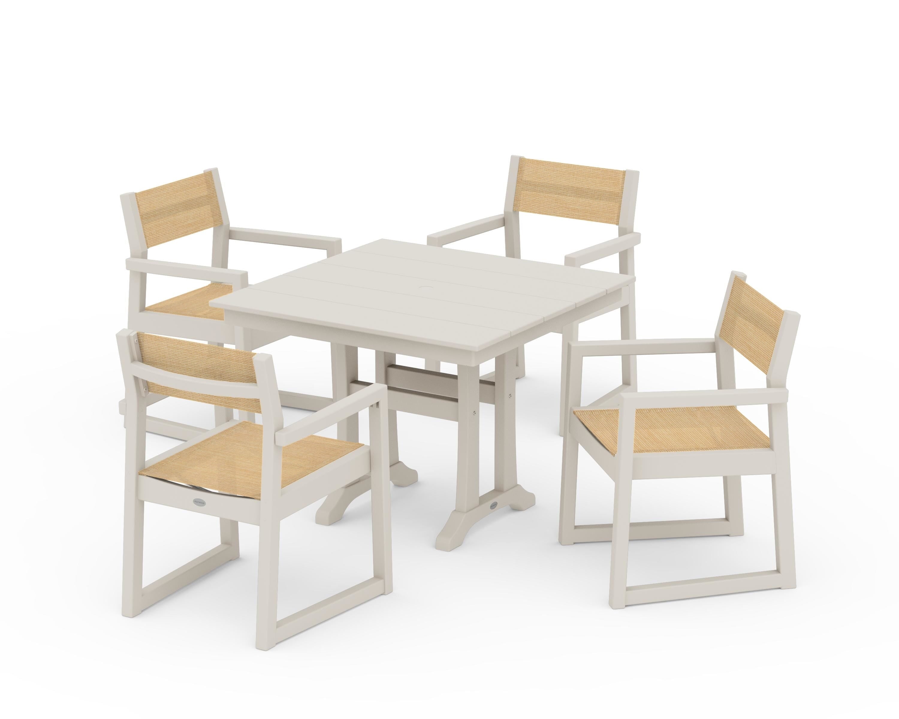 POLYWOOD EDGE Sling 5-Piece Farmhouse Dining Set with Trestle Legs in Sand / Dupioni Apricot Sling