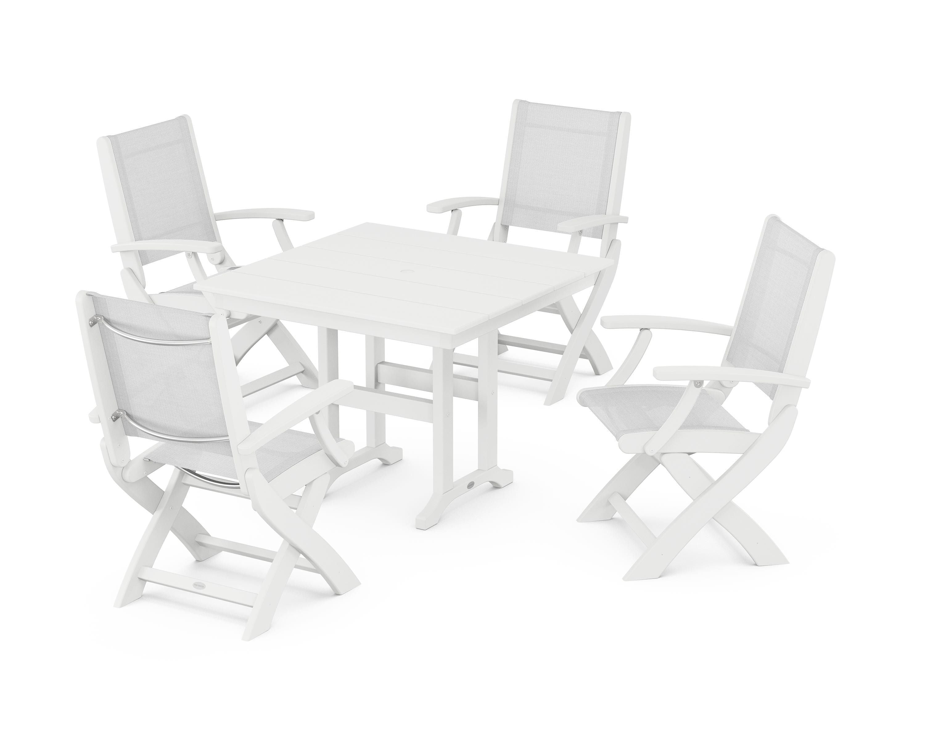 POLYWOOD Coastal Folding Chair 5-Piece Farmhouse Dining Set in White / White Sling