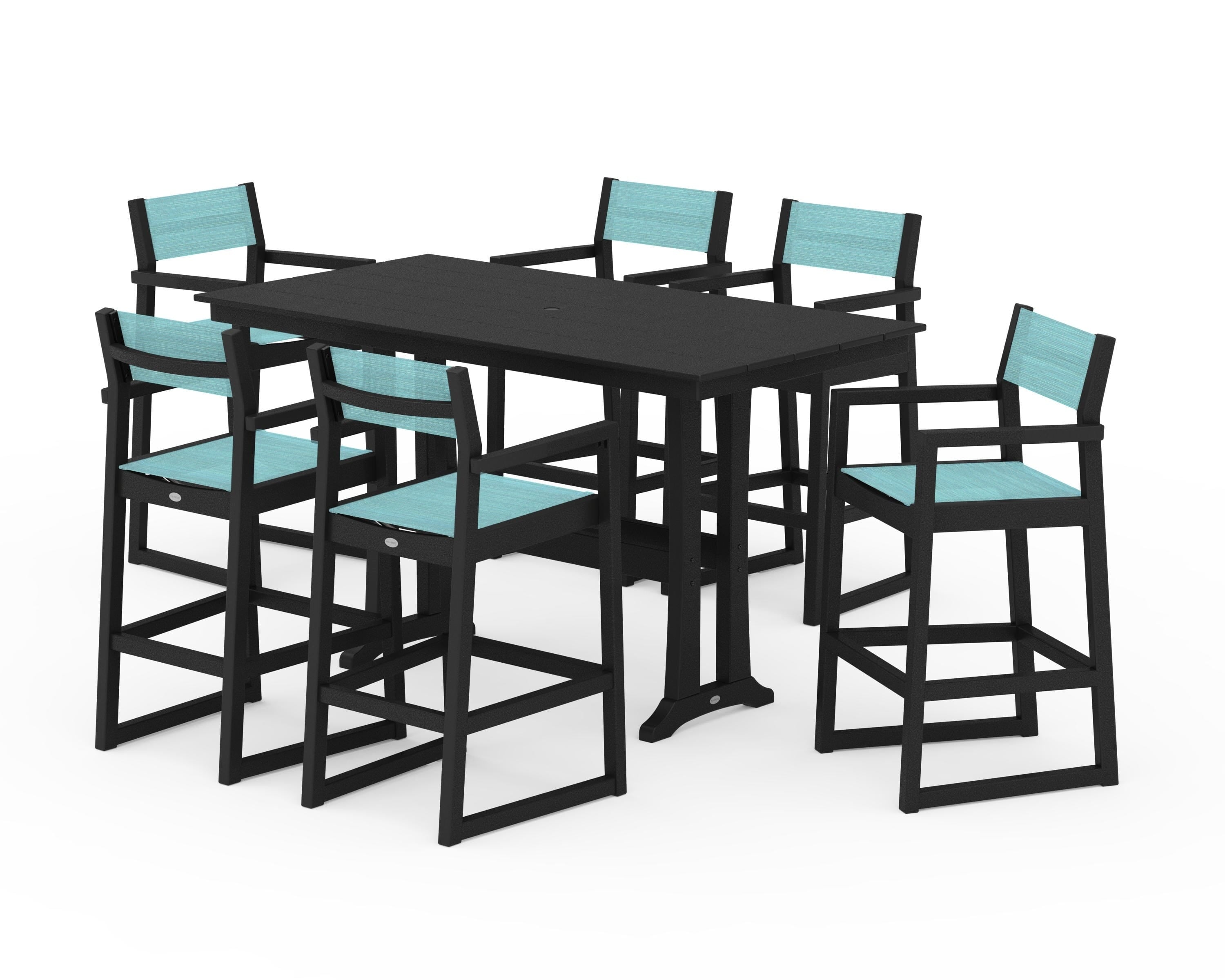 POLYWOOD EDGE Sling Arm Chair 7-Piece Farmhouse Bar Set with Trestle Legs in Black / Dupioni Aquamarine Sling