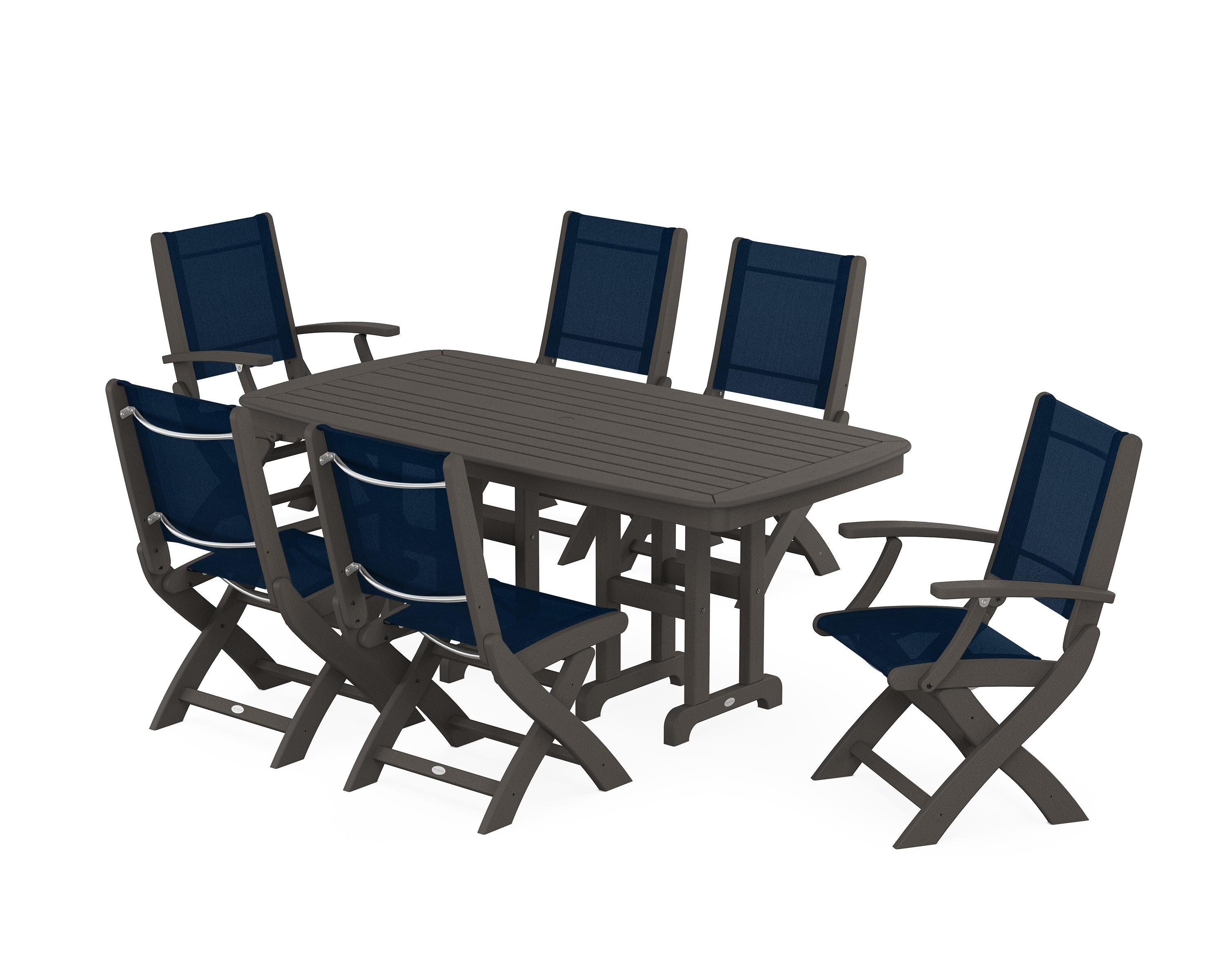 POLYWOOD Coastal Folding Chair 7-Piece Dining Set in Vintage Coffee / Navy Blue Sling