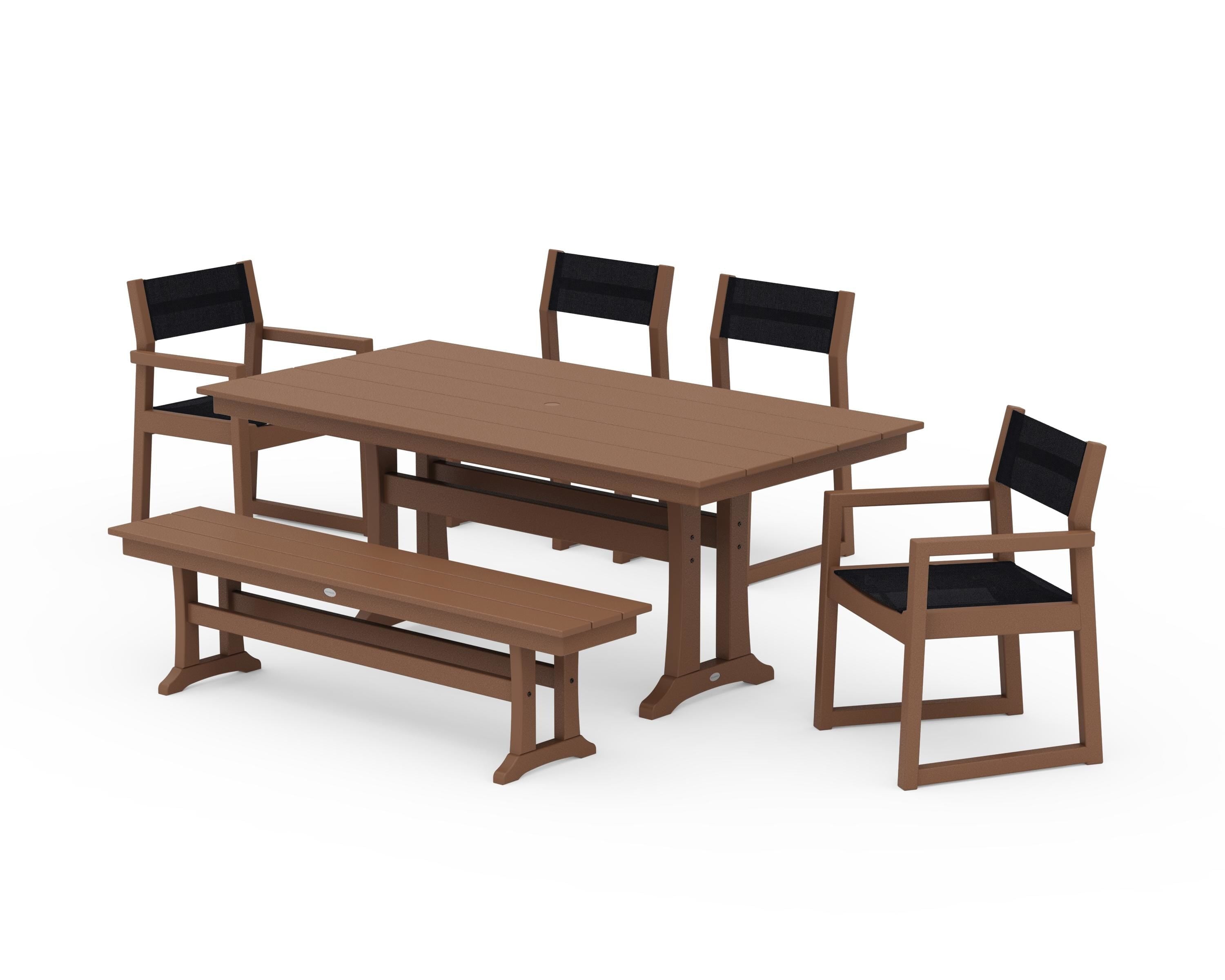 POLYWOOD EDGE Sling 6-Piece Farmhouse Dining Set With Trestle Legs in Teak / Black Sling