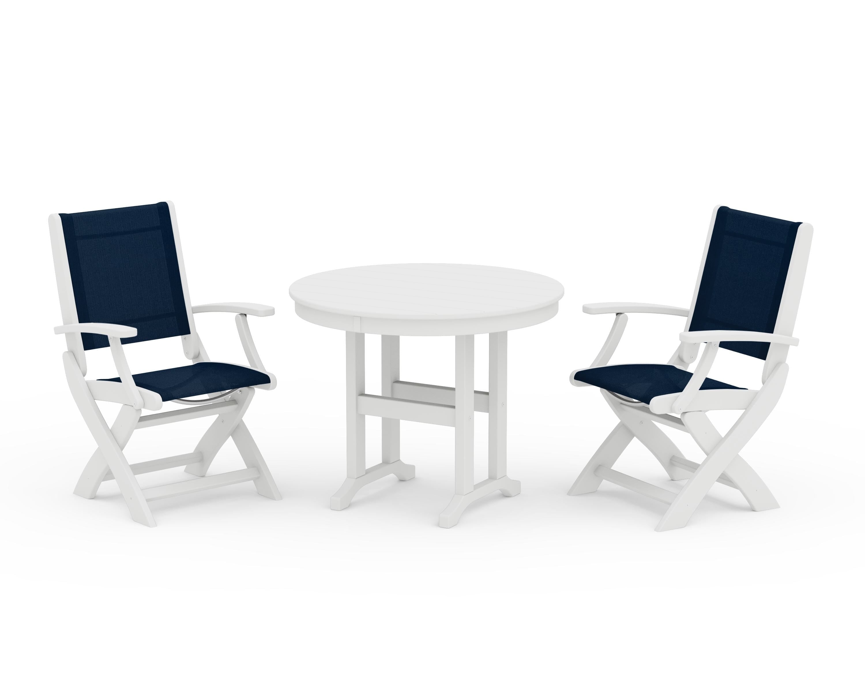 POLYWOOD Coastal Folding Chair 3-Piece Round Dining Set in White / Navy Blue Sling