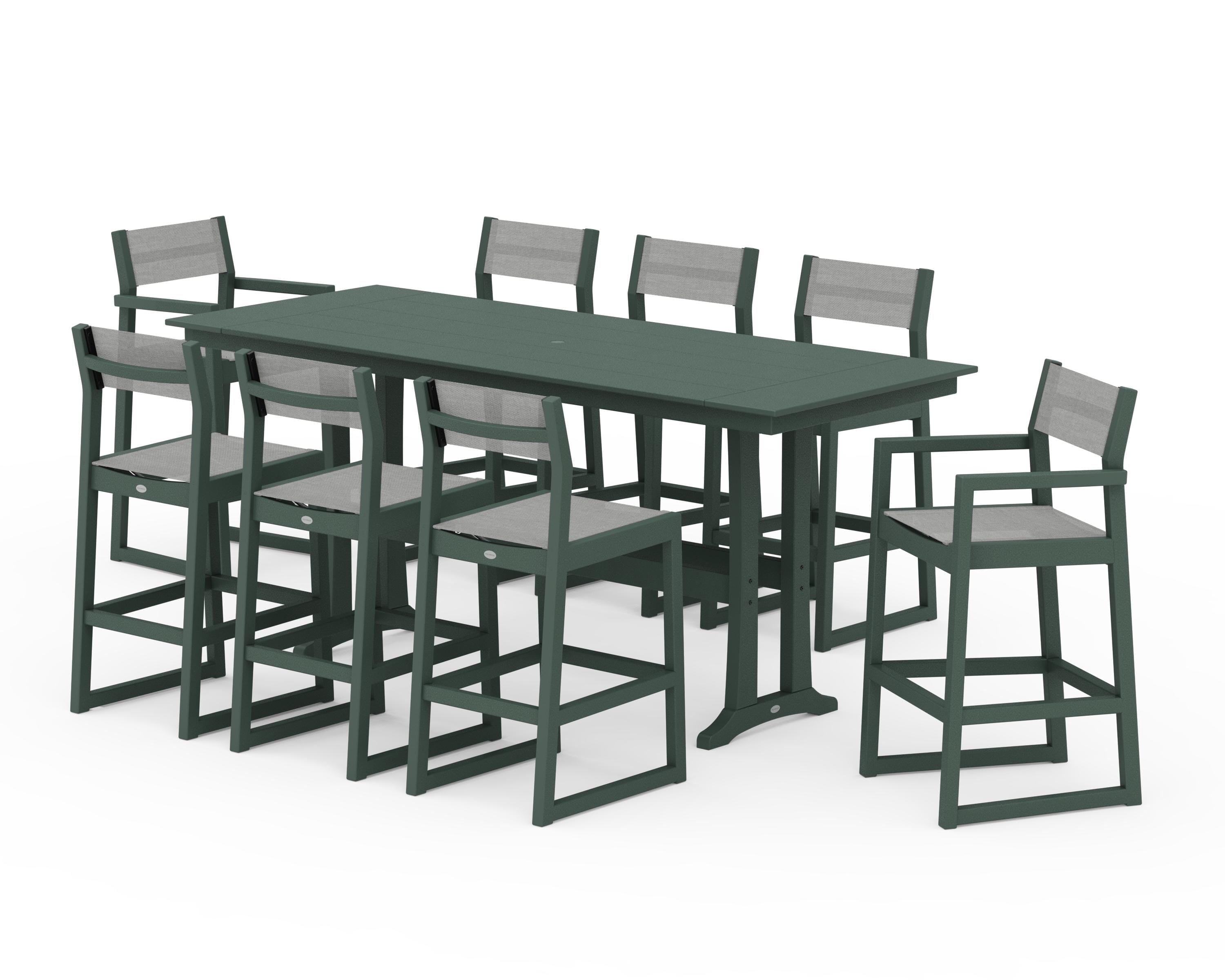 POLYWOOD EDGE Sling 9-Piece Farmhouse Bar Set with Trestle Legs in Green / Metallic Sling