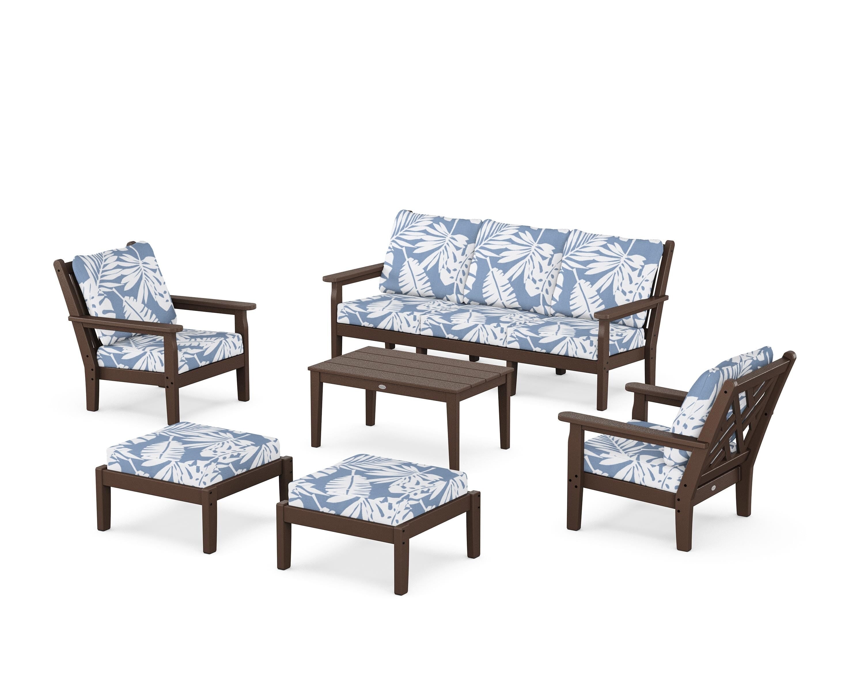 POLYWOOD Chippendale 6-Piece Lounge Sofa Set in Mahogany / Leaf Sky Blue
