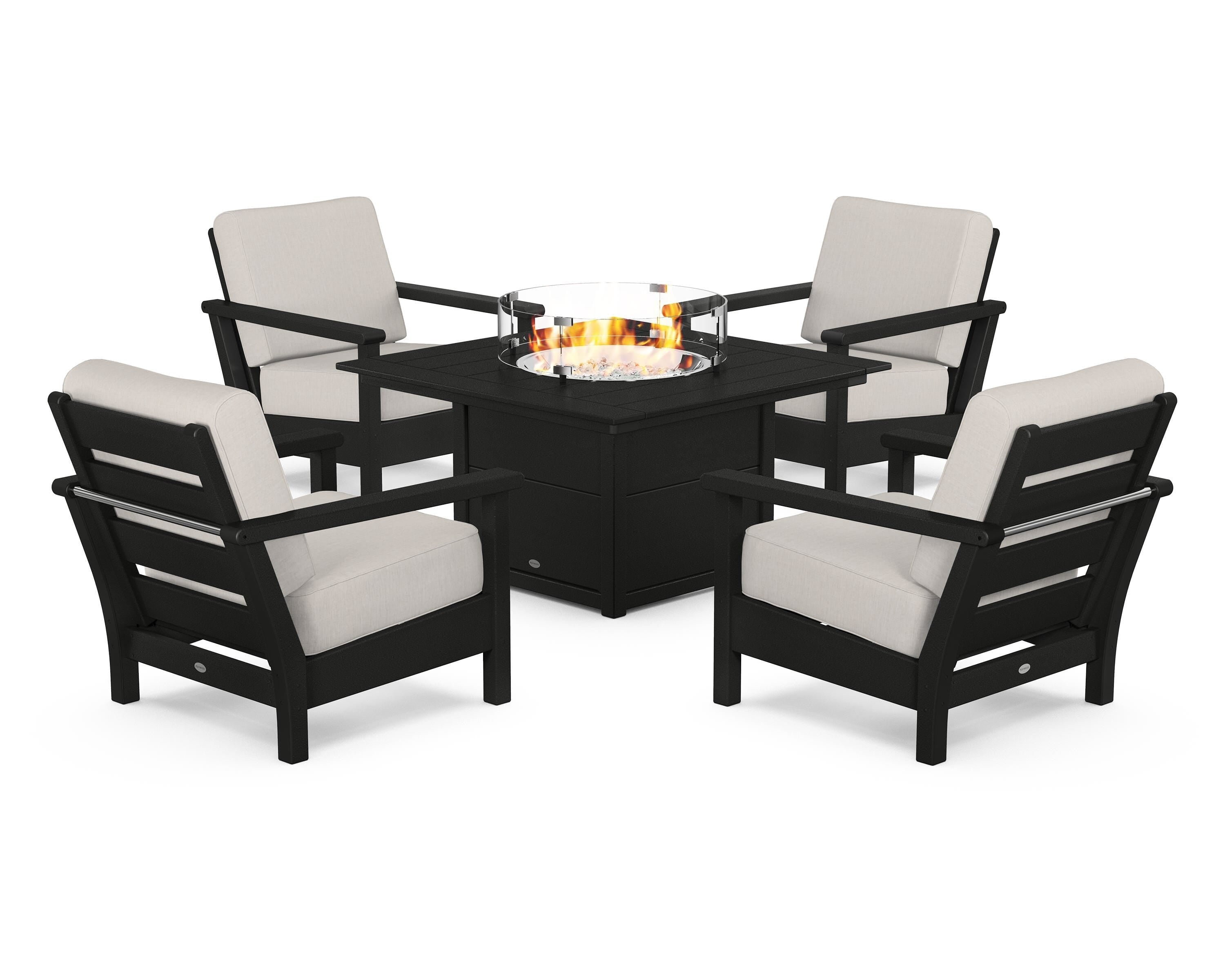 POLYWOOD Harbour 5-Piece Conversation Set with Fire Pit Table in Black / Cast Ash