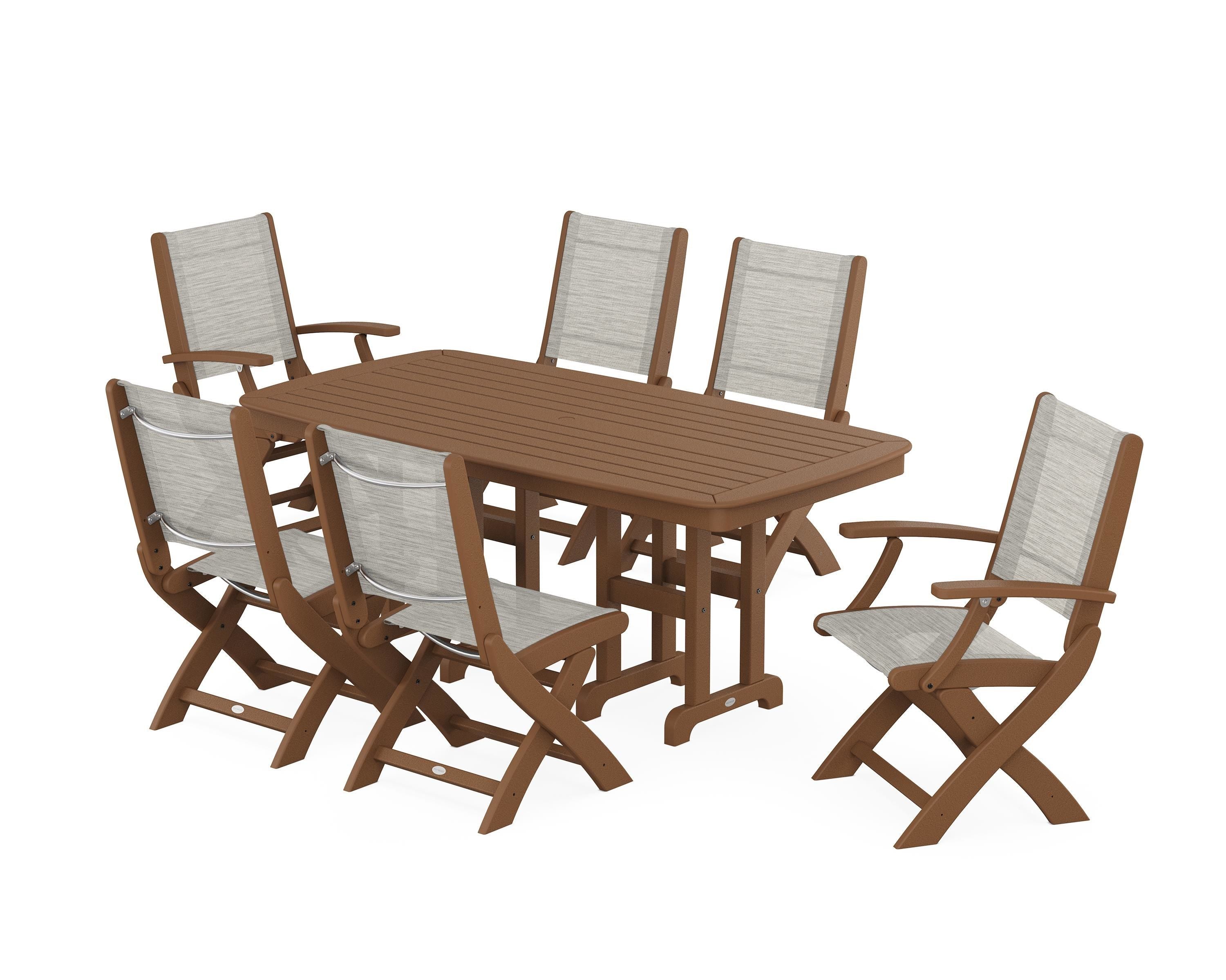 POLYWOOD Coastal Folding Chair 7-Piece Dining Set in Teak / Birch Sling