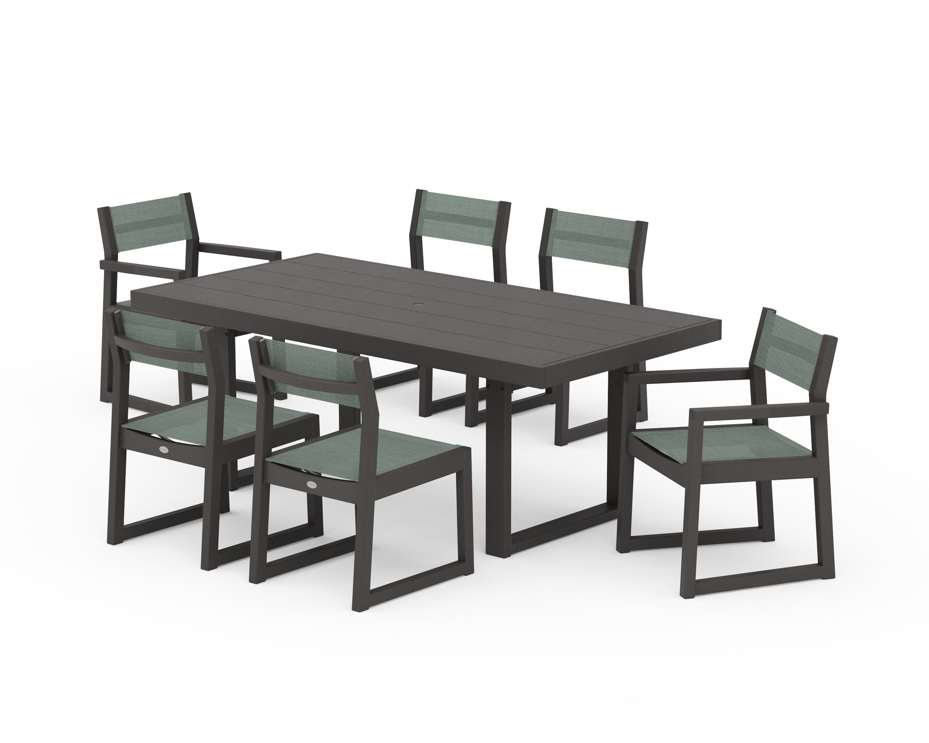 POLYWOOD EDGE Sling 7-Piece Dining Set in Vintage Coffee / Dupioni Sea Mist Sling