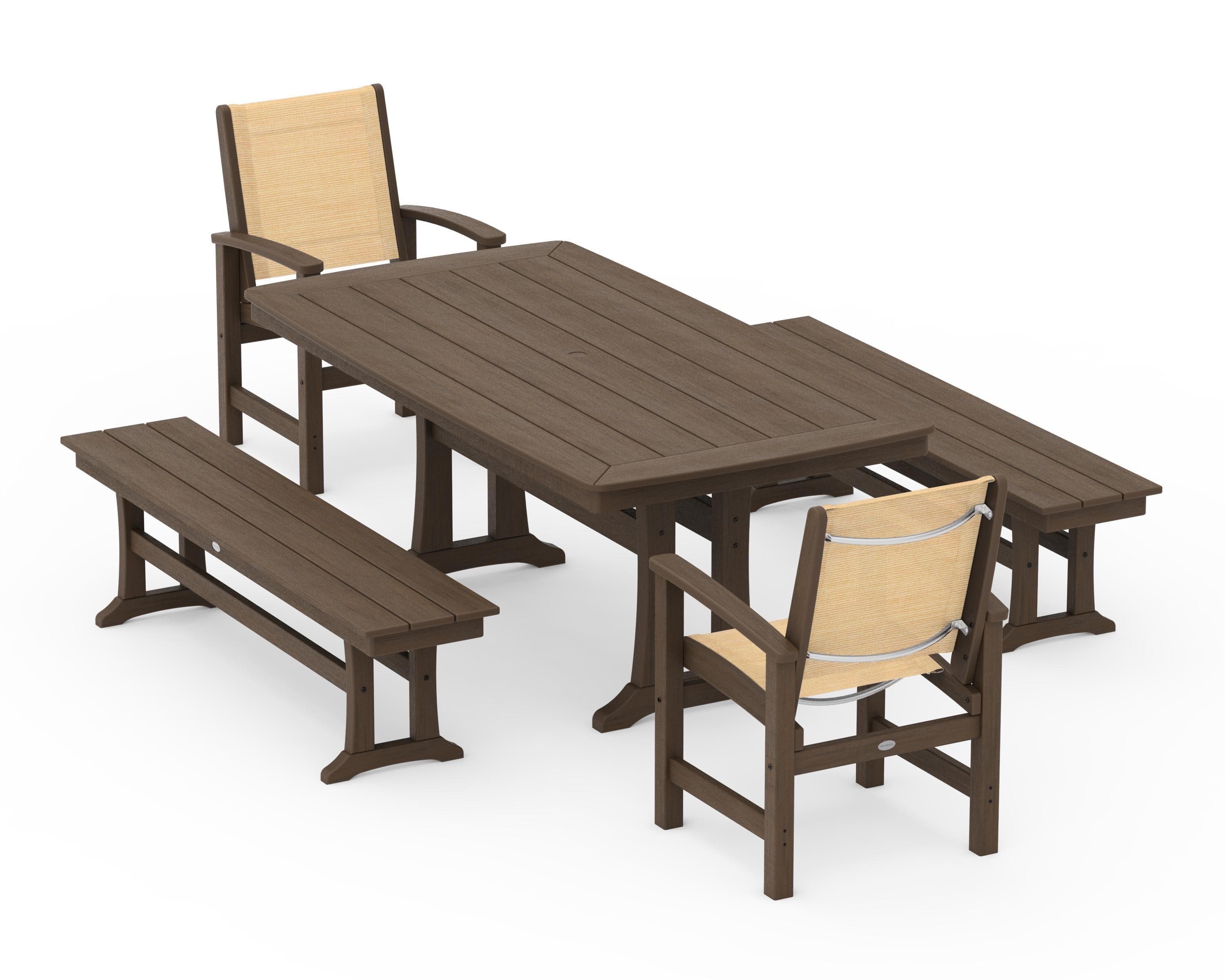POLYWOOD Coastal 5-Piece Dining Set with Trestle Legs and Benches in Kona / Dupioni Apricot Sling