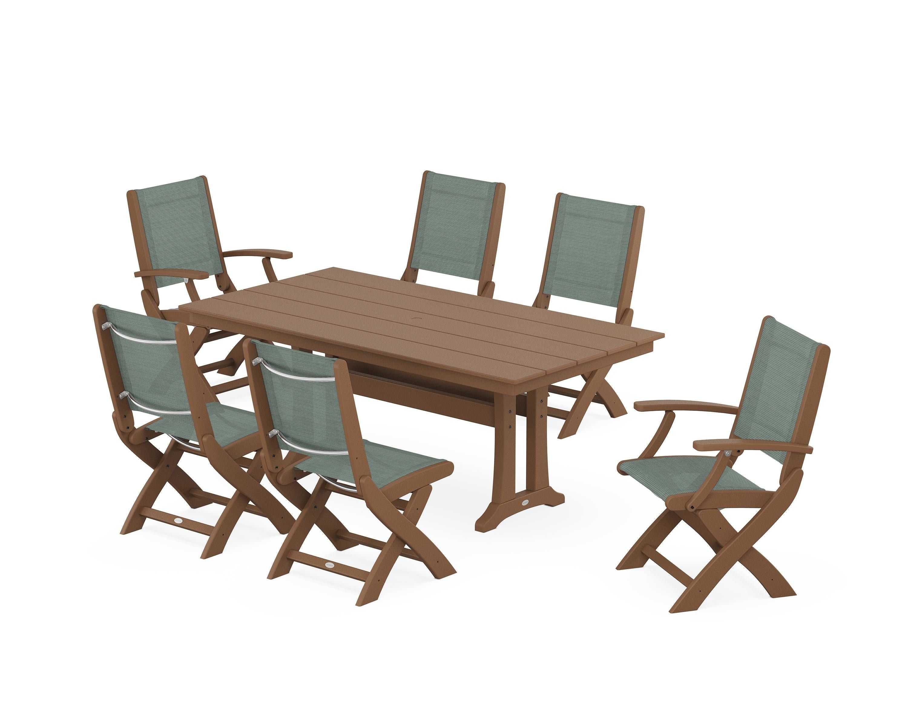 POLYWOOD Coastal Folding Chair 7-Piece Farmhouse Dining Set with Trestle Legs in Teak / Dupioni Sea Mist Sling