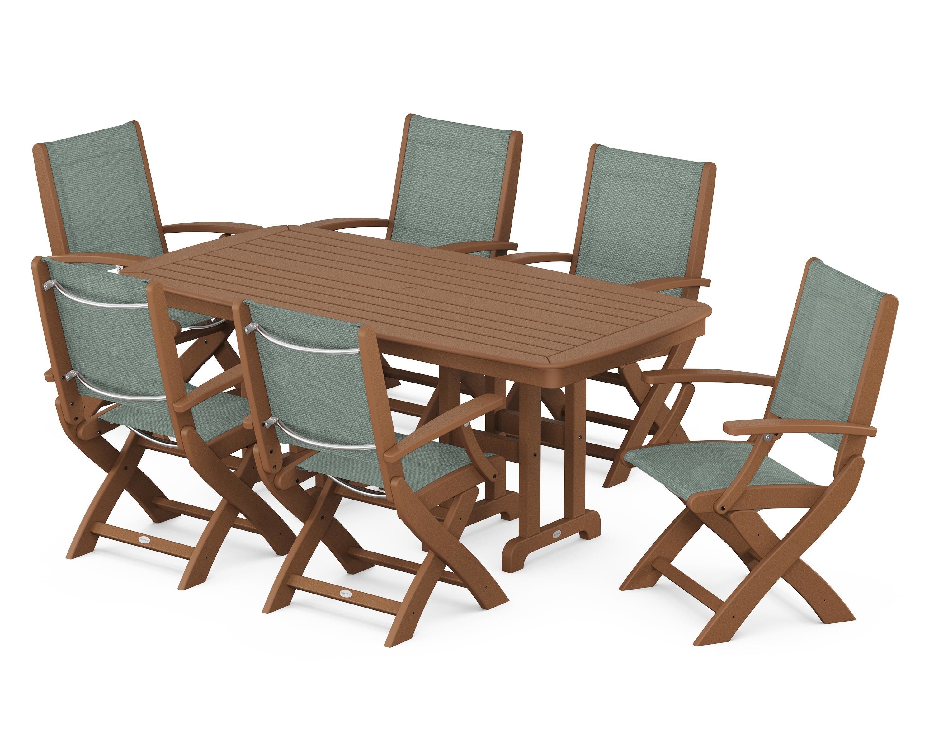POLYWOOD Coastal Folding Arm Chair 7-Piece Dining Set in Teak / Dupioni Sea Mist Sling