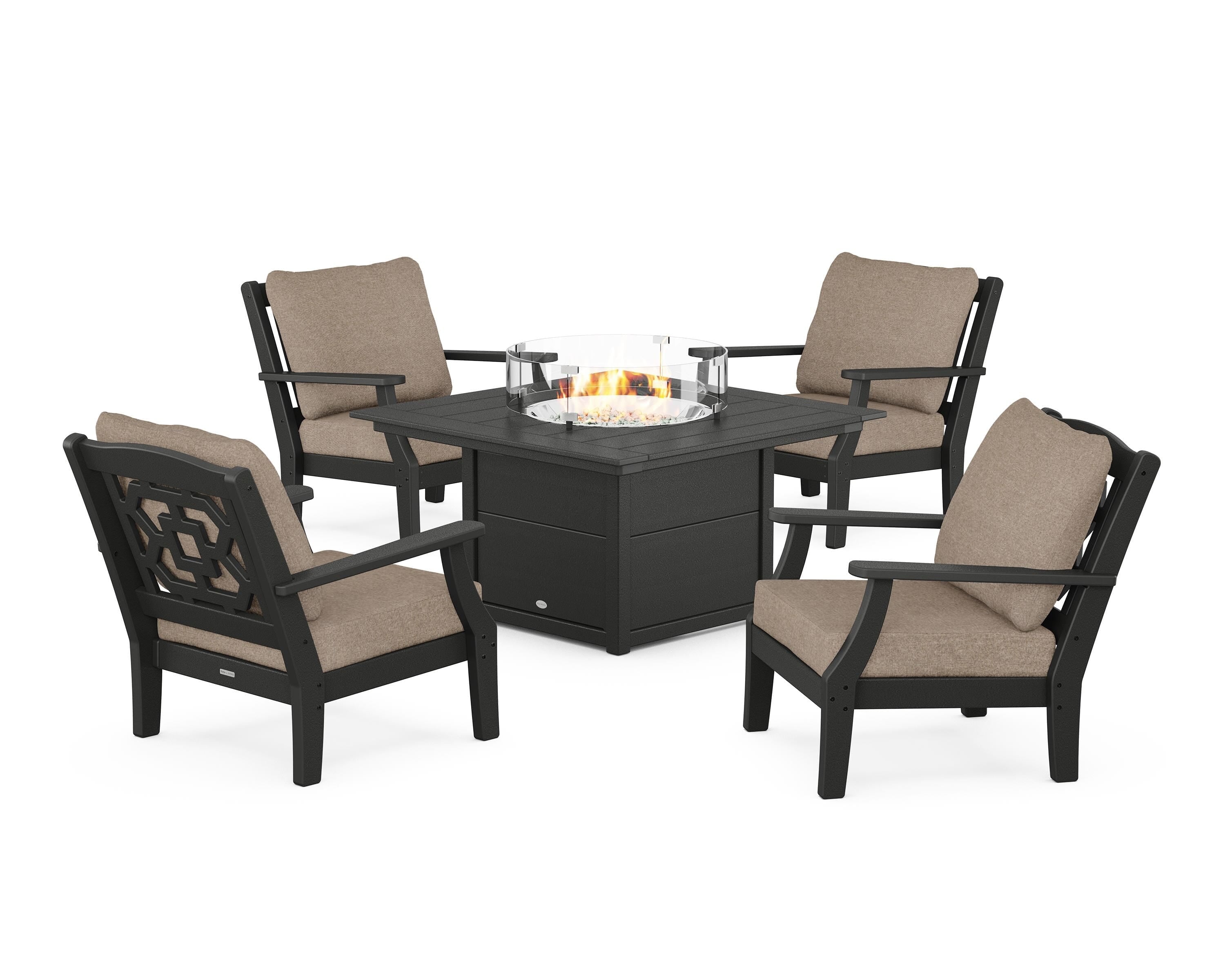 Martha Stewart by POLYWOOD Chinoiserie 5-Piece Deep Seating Set with Fire Pit Table in Black / Spiced Burlap