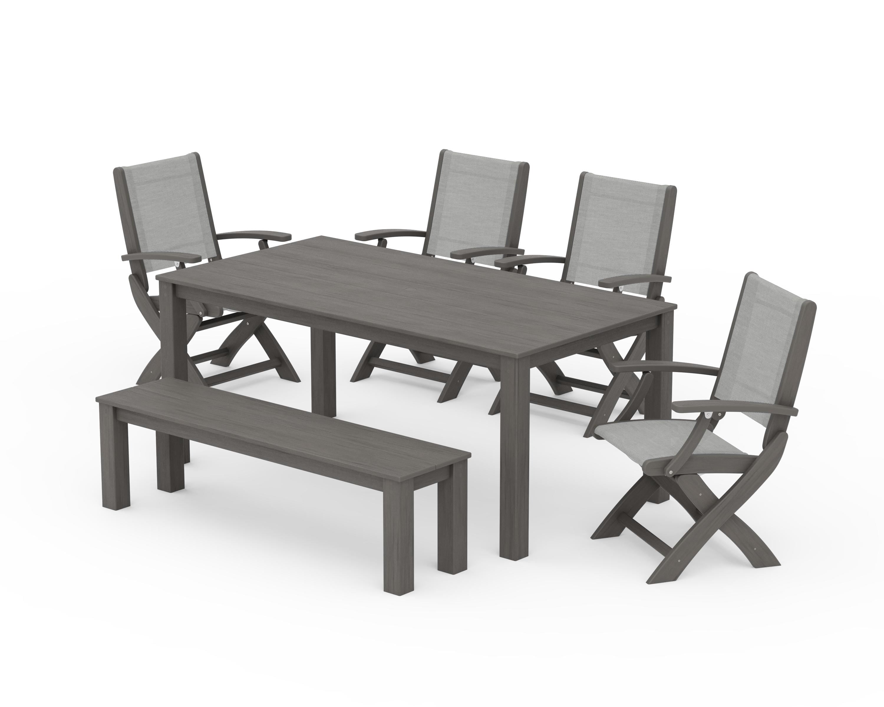 POLYWOOD Coastal Folding Chair 6-Piece Parsons Dining Set with Bench in Driftwood / Metallic Sling