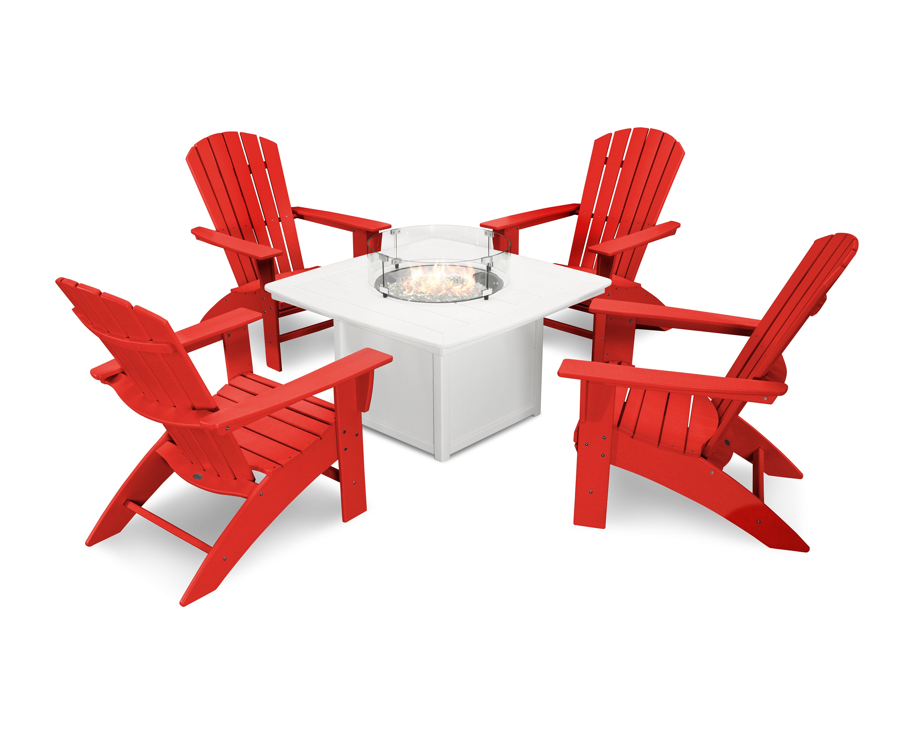 POLYWOOD® Nautical Curveback Adirondack 5-Piece Conversation Set with Fire Pit Table in Sunset Red / White