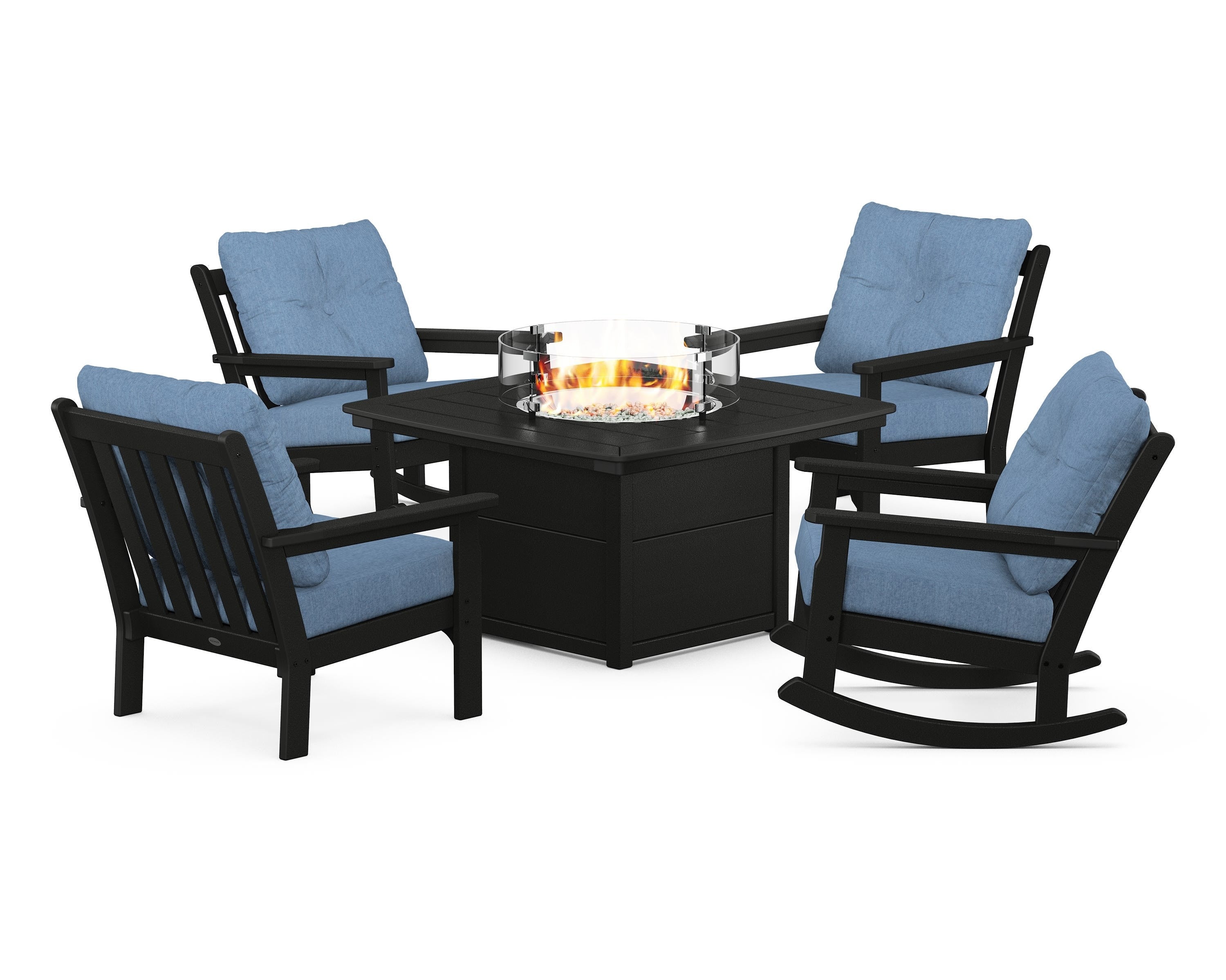 POLYWOOD Vineyard 5-Piece Deep Seating Rocking Chair Conversation Set with Fire Pit Table in Black / Sky Blue