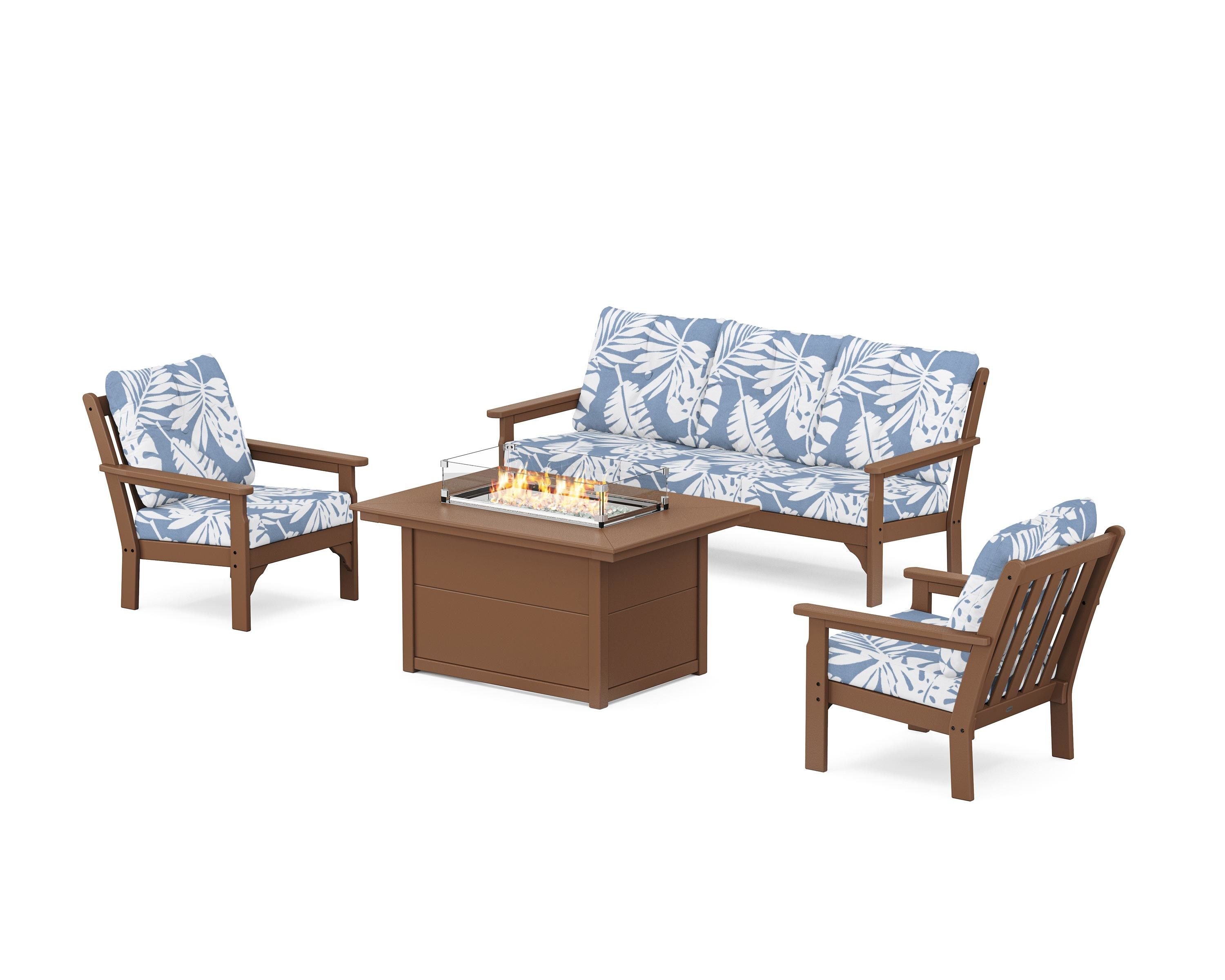 POLYWOOD Vineyard Deep Seating Fire Pit Table Set in Teak / Leaf Sky Blue