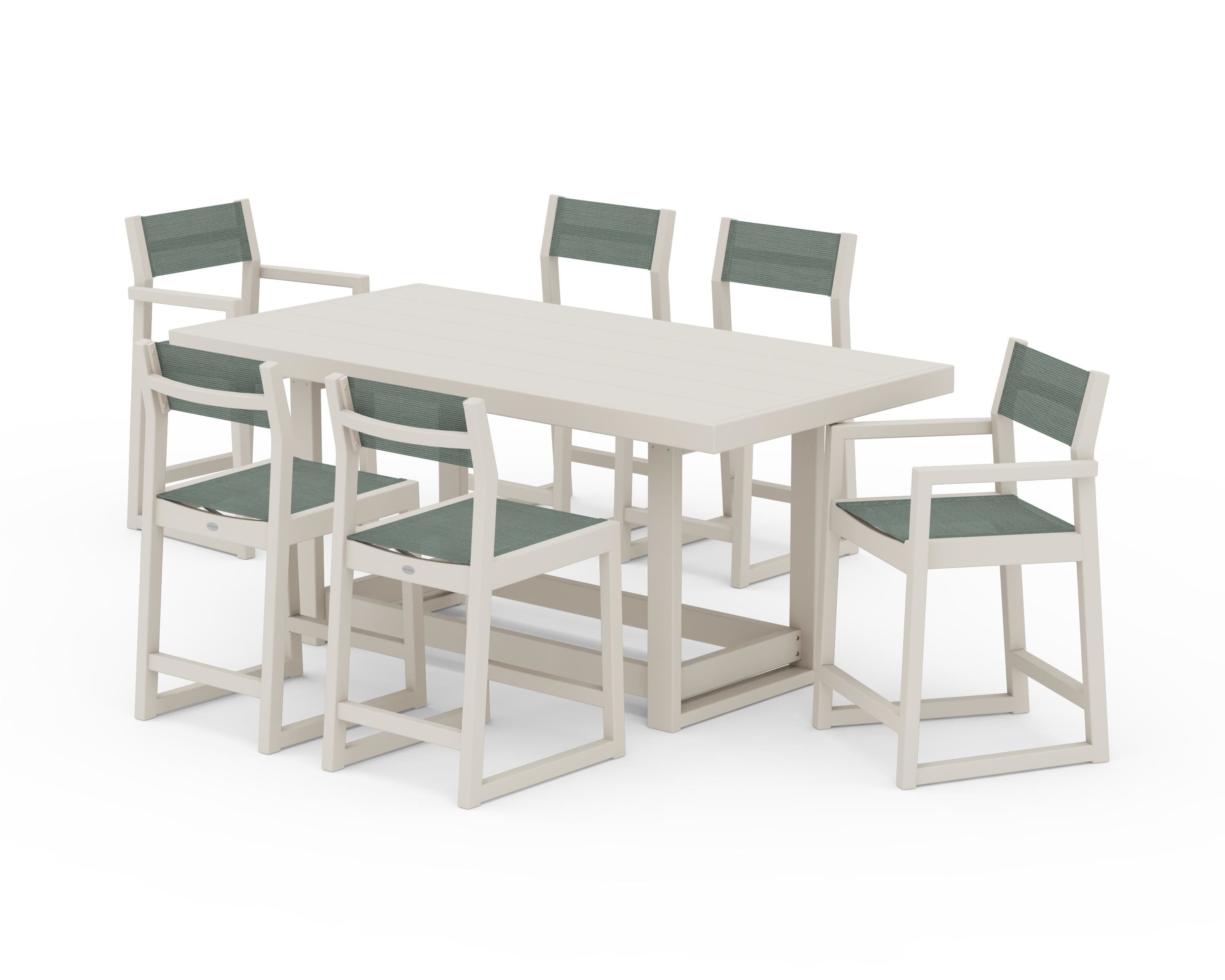 POLYWOOD EDGE Sling 7-Piece Counter Table Set in Sand / Dupioni Sea Mist Sling