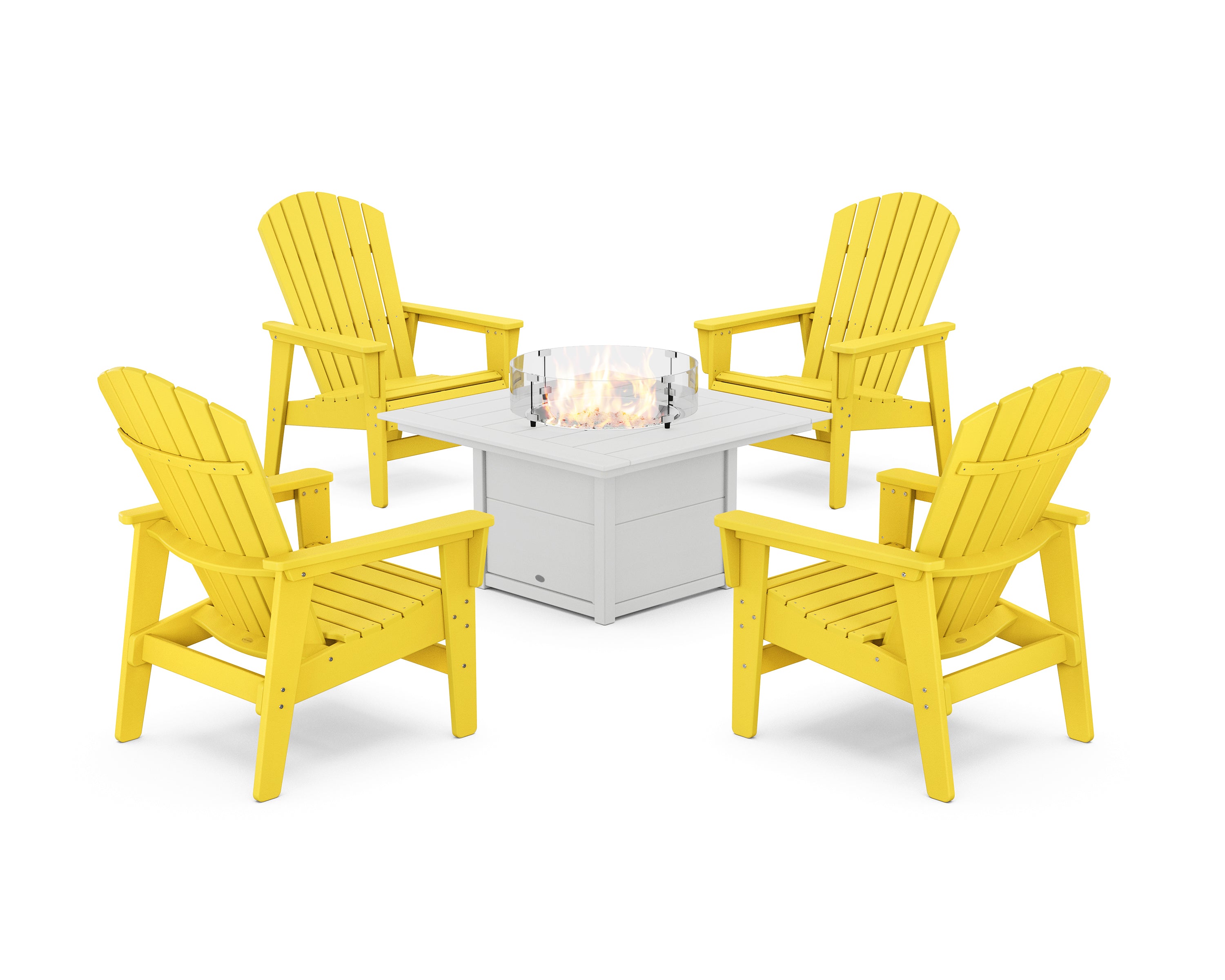 POLYWOOD® 5-Piece Nautical Grand Upright Adirondack Conversation Set with Fire Pit Table in Lemon / White