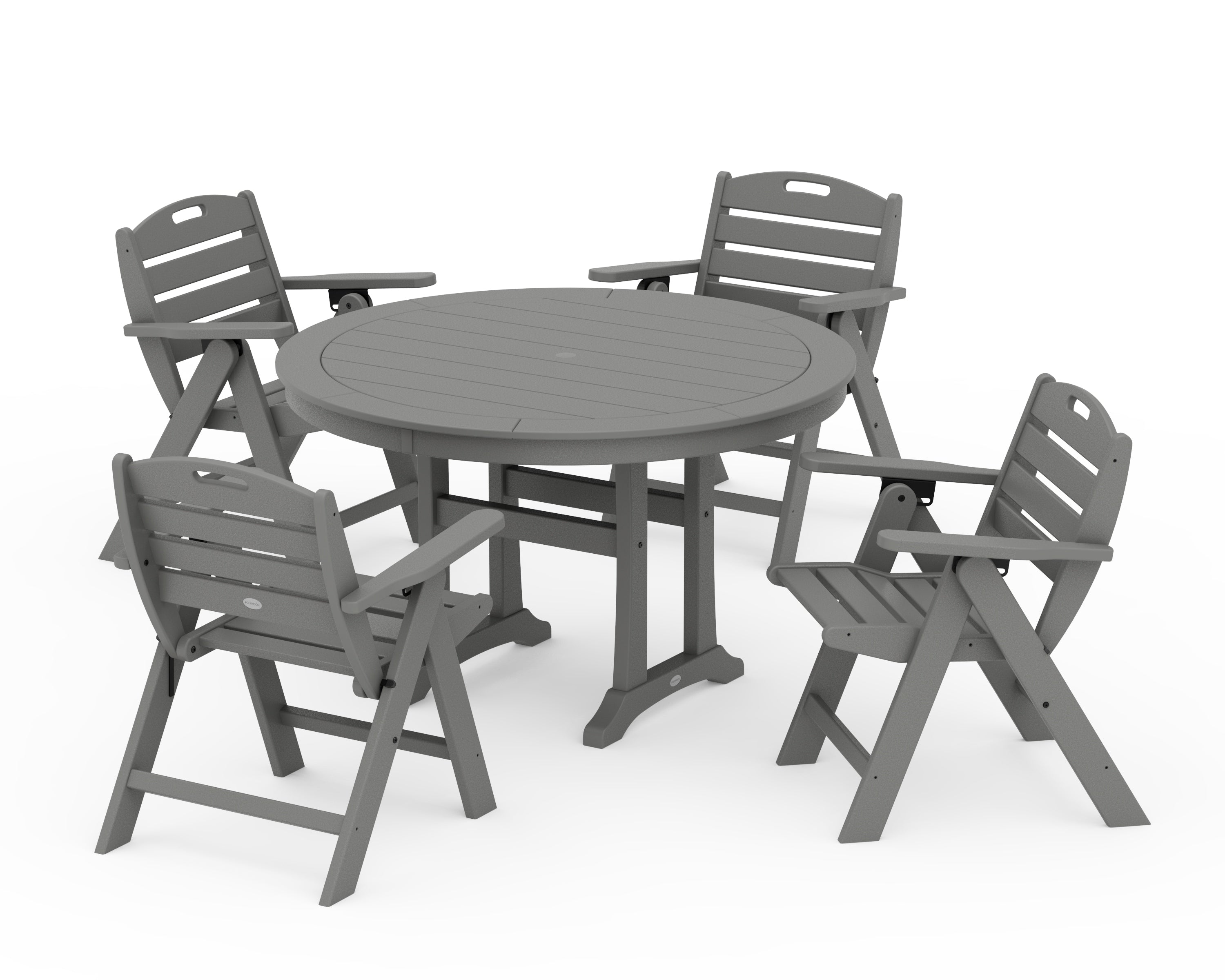 POLYWOOD Nautical Folding Lowback Chair 5-Piece Round Dining Set With Trestle Legs in Slate Grey