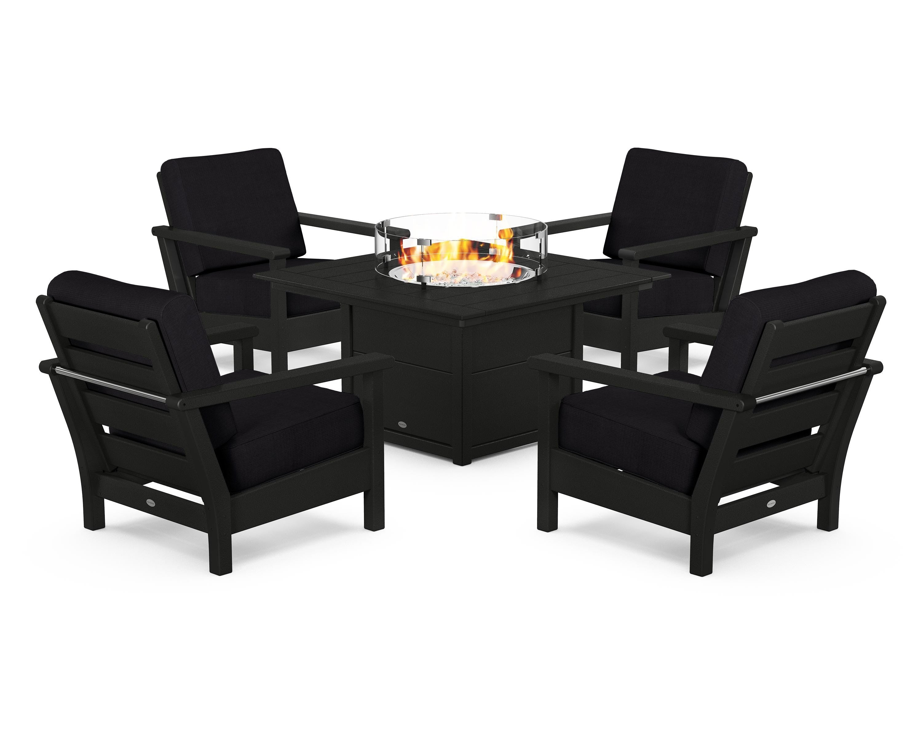 POLYWOOD Harbour 5-Piece Conversation Set with Fire Pit Table in Black / Midnight Linen