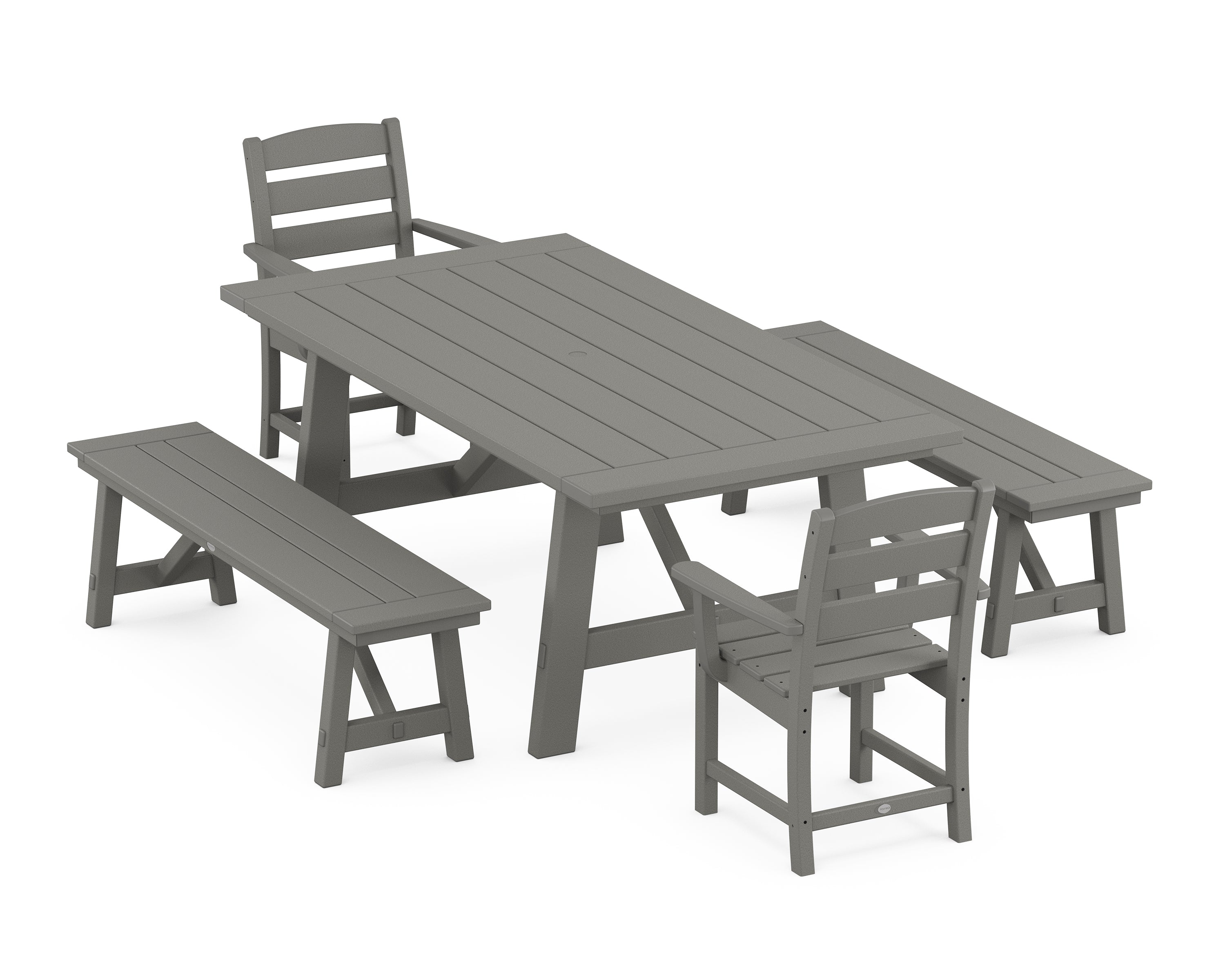 POLYWOOD® Lakeside 5-Piece Rustic Farmhouse Dining Set With Benches in Slate Grey