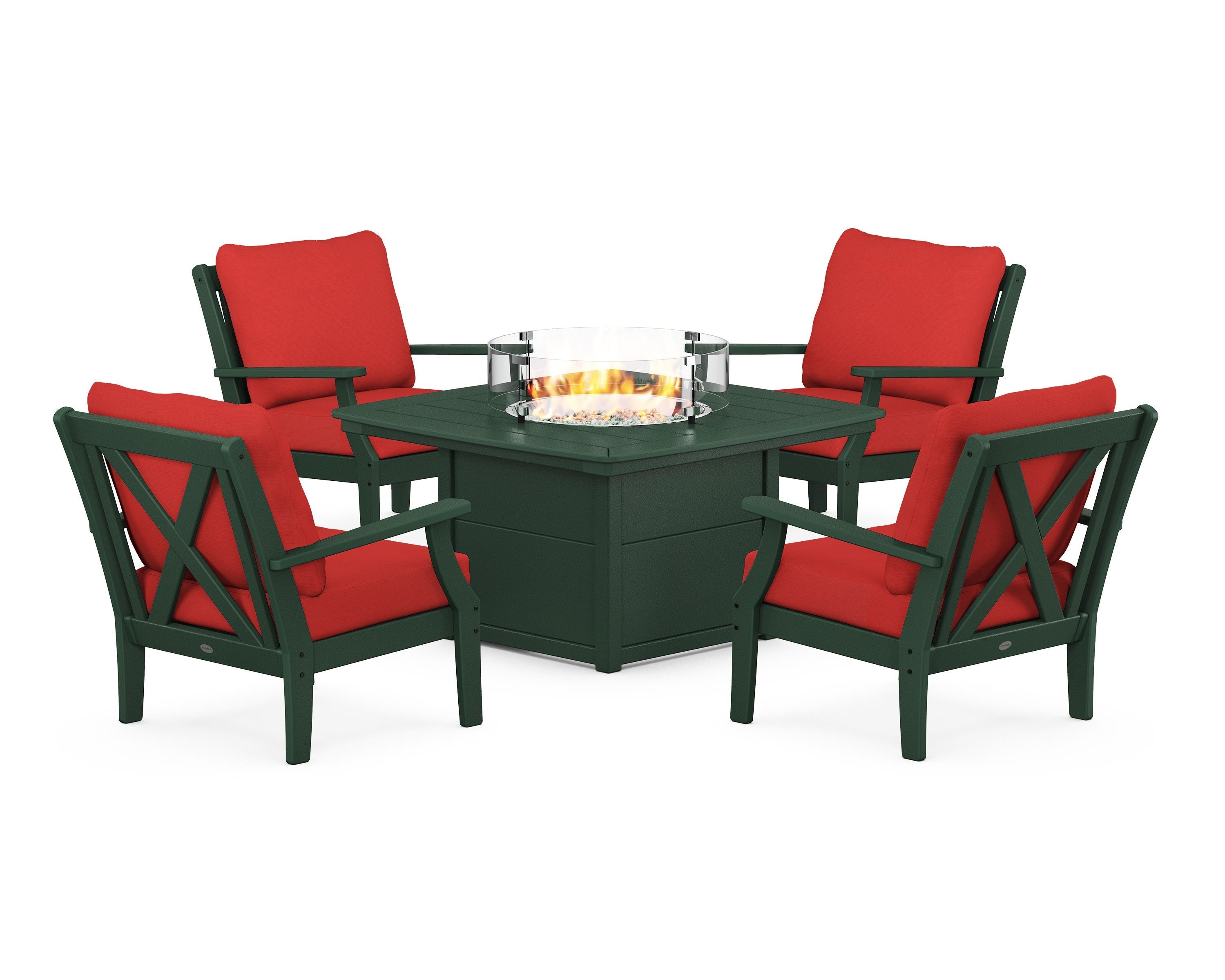 POLYWOOD Braxton 5-Piece Deep Seating Conversation Set with Fire Pit Table in Green / Crimson Linen