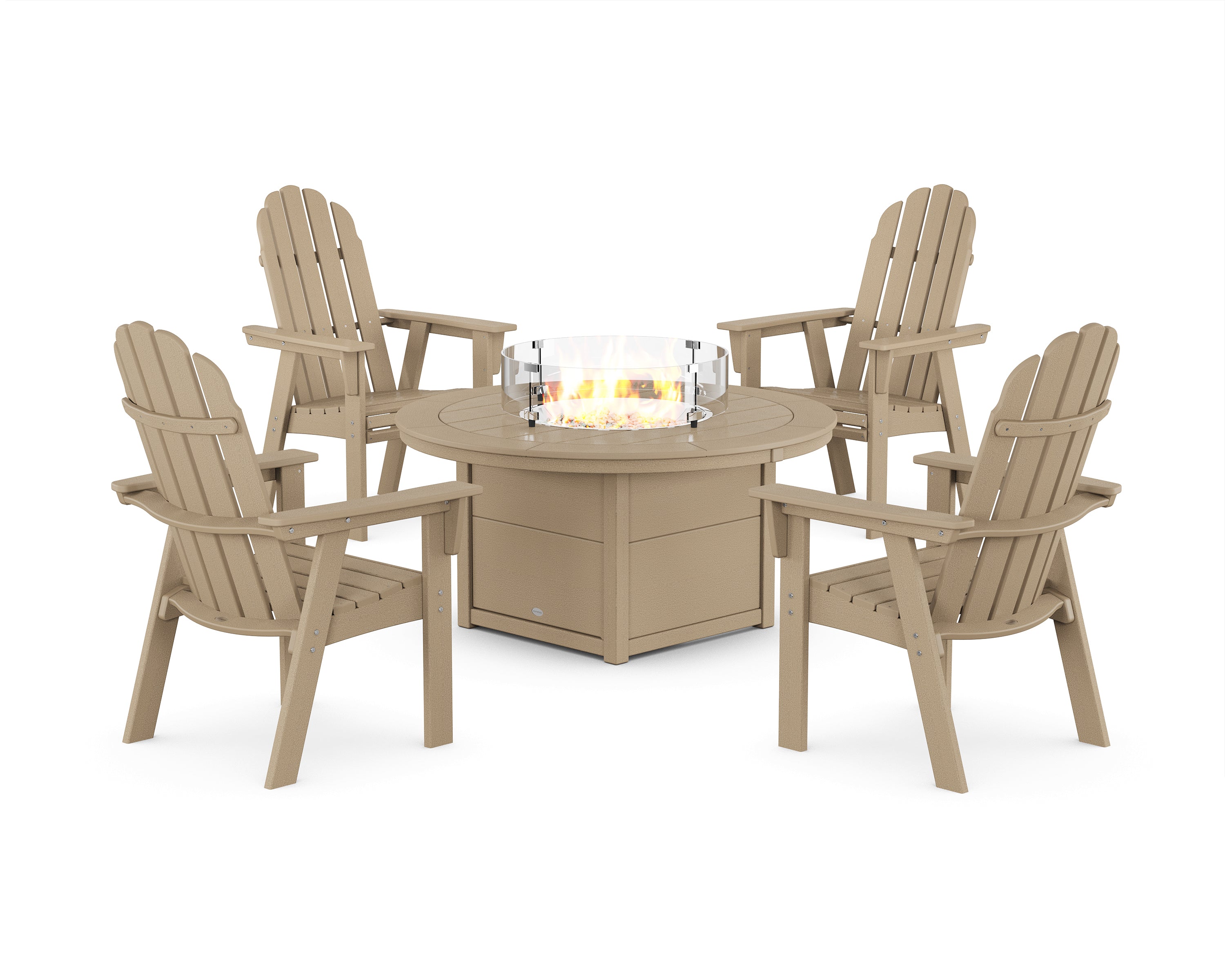 POLYWOOD® Vineyard 4-Piece Curveback Upright Adirondack Conversation Set with Fire Pit Table in Vintage Sahara