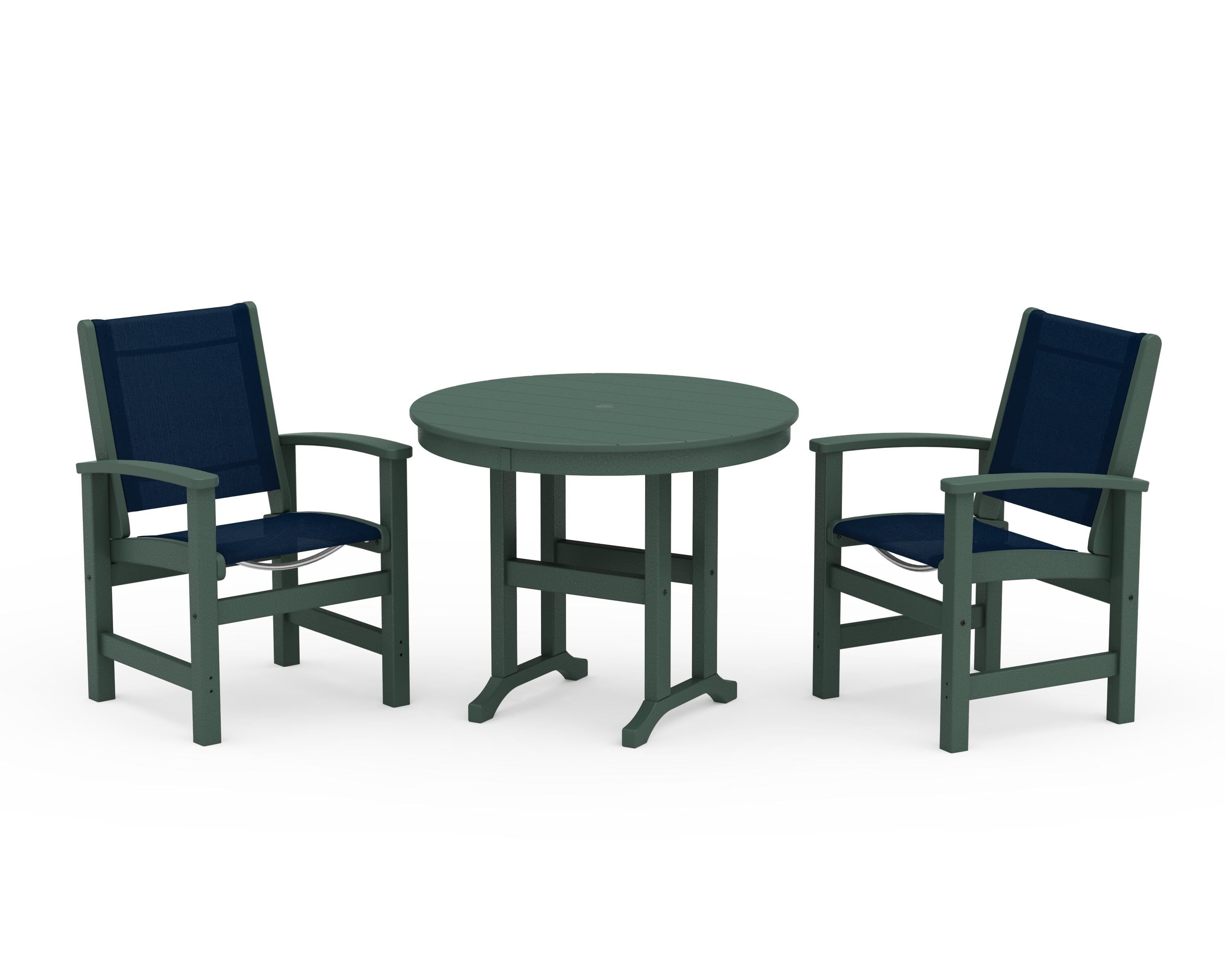 POLYWOOD Coastal 3-Piece Round Dining Set in Green / Navy Blue Sling