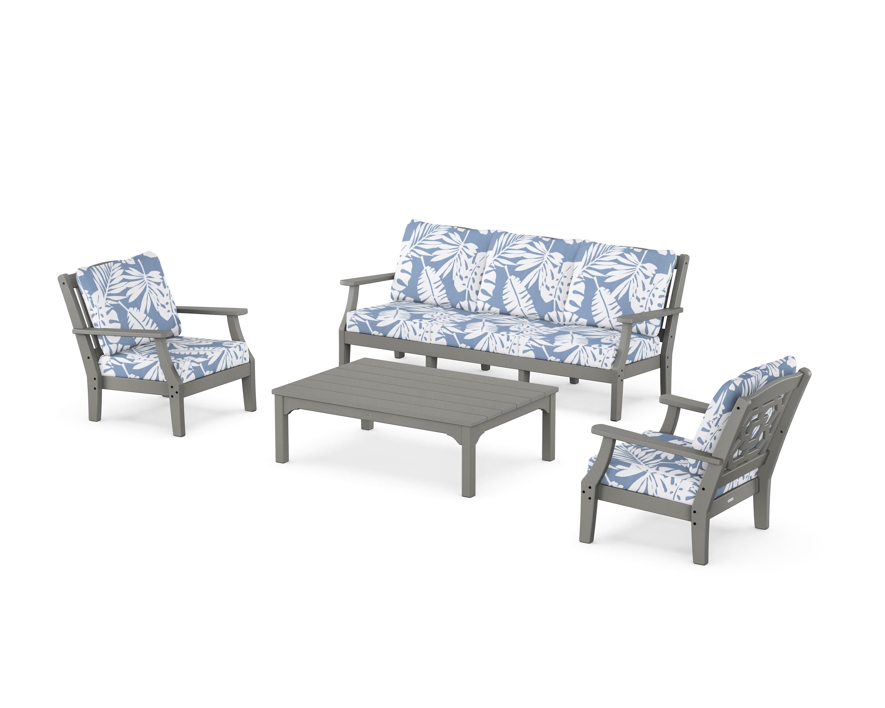 Martha Stewart by POLYWOOD Chinoiserie 4-Piece Deep Seating Set with Sofa in Slate Grey / Leaf Sky Blue