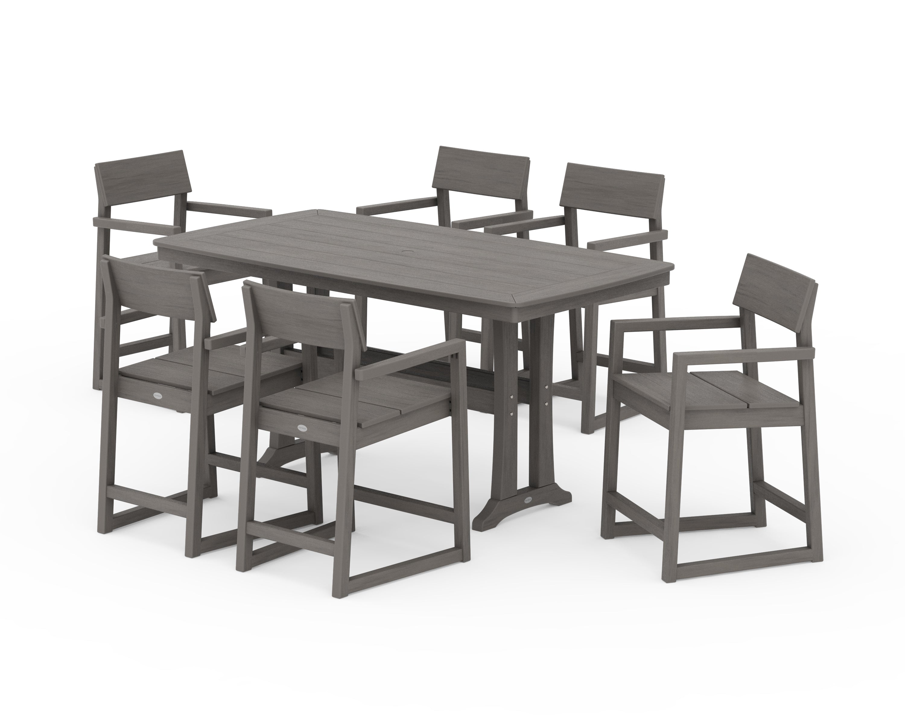 POLYWOOD EDGE Arm Chair 7-Piece Counter Set with Trestle Legs in Driftwood