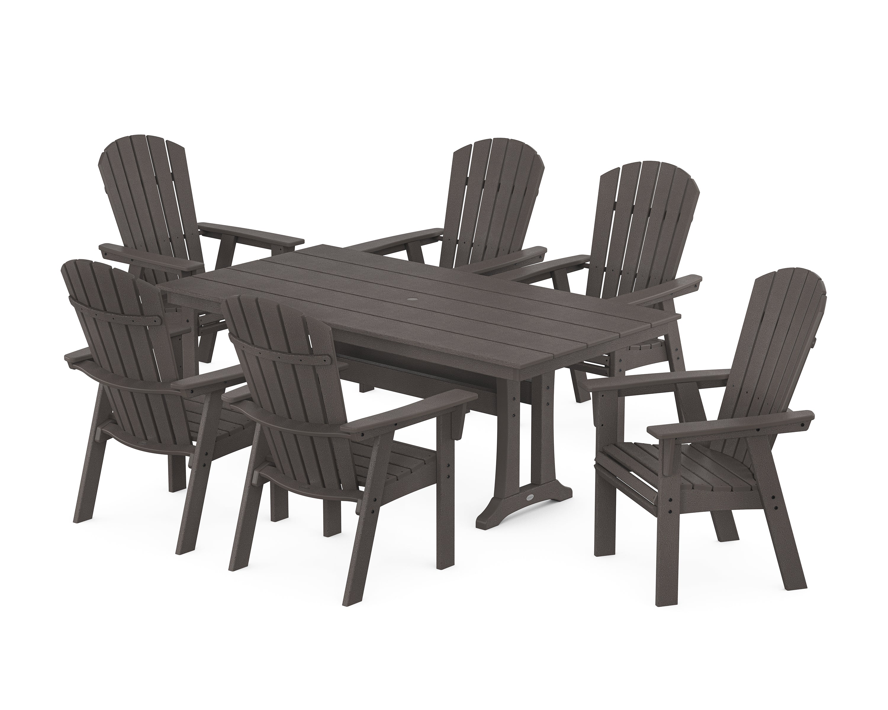 POLYWOOD Nautical Curveback Adirondack 7-Piece Farmhouse Dining Set with Trestle Legs in Vintage Coffee