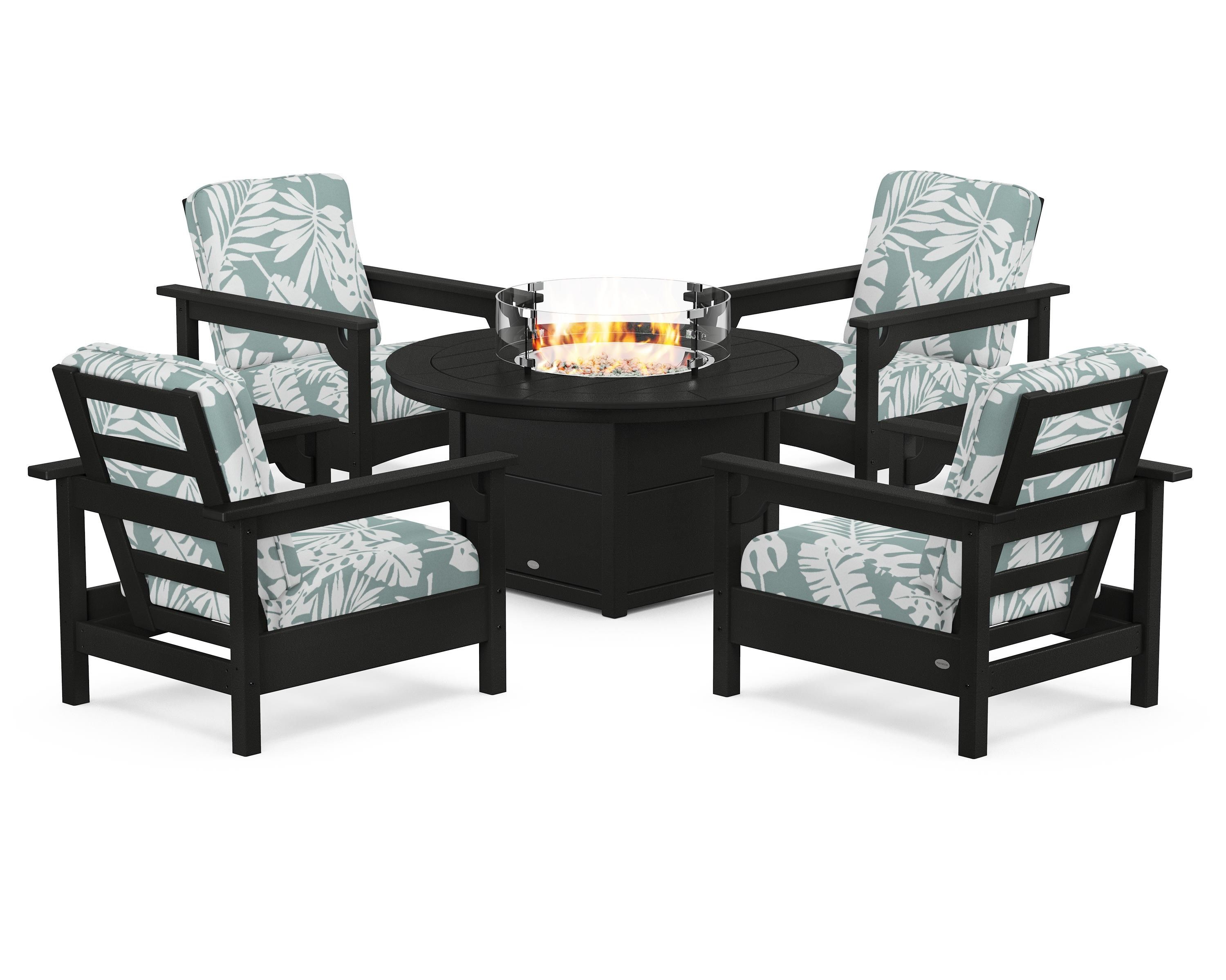 POLYWOOD Club 5-Piece Conversation Set with Fire Pit Table in Black / Leaf Glacier Spa