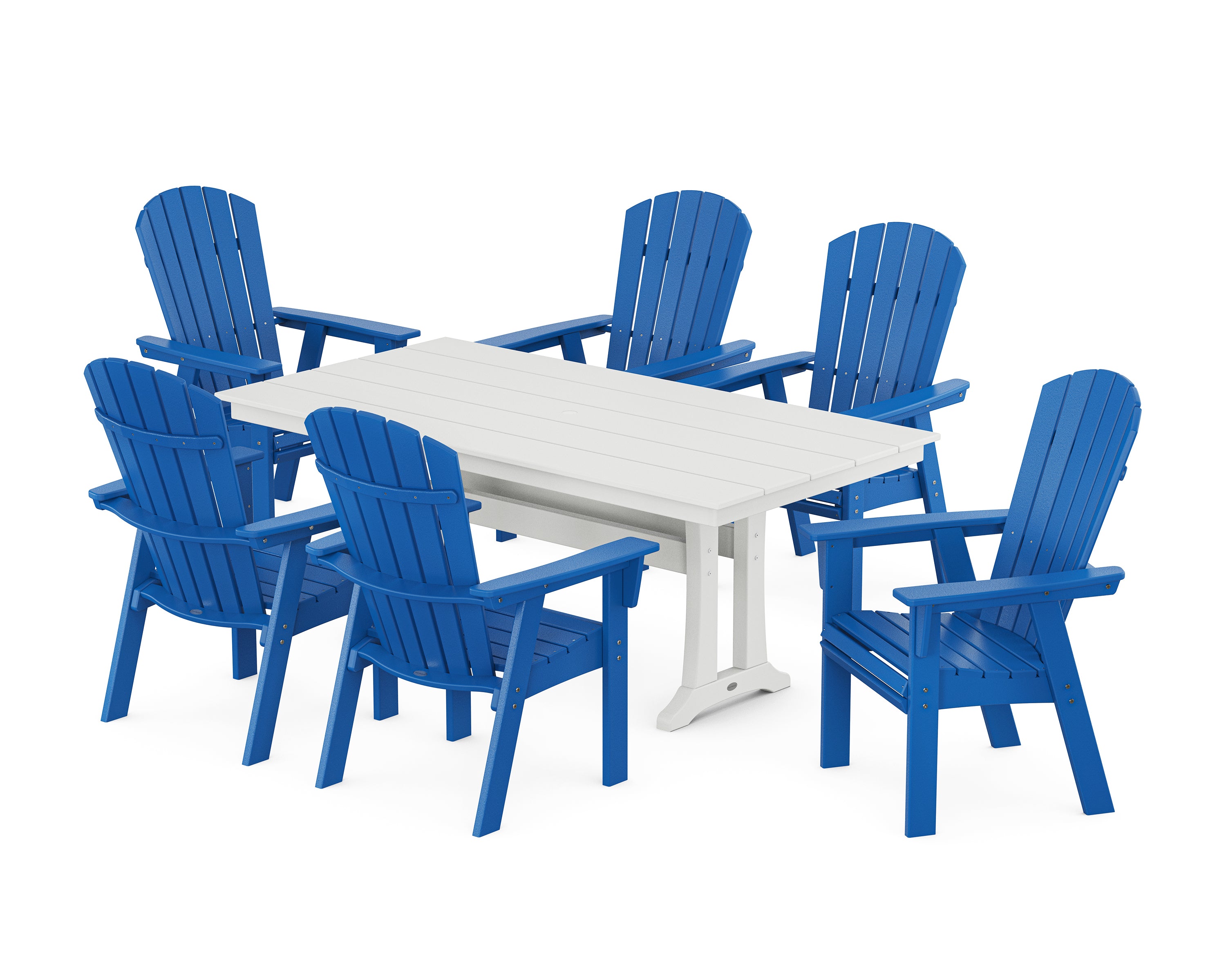 POLYWOOD Nautical Curveback Adirondack 7-Piece Farmhouse Dining Set with Trestle Legs in Pacific Blue / White