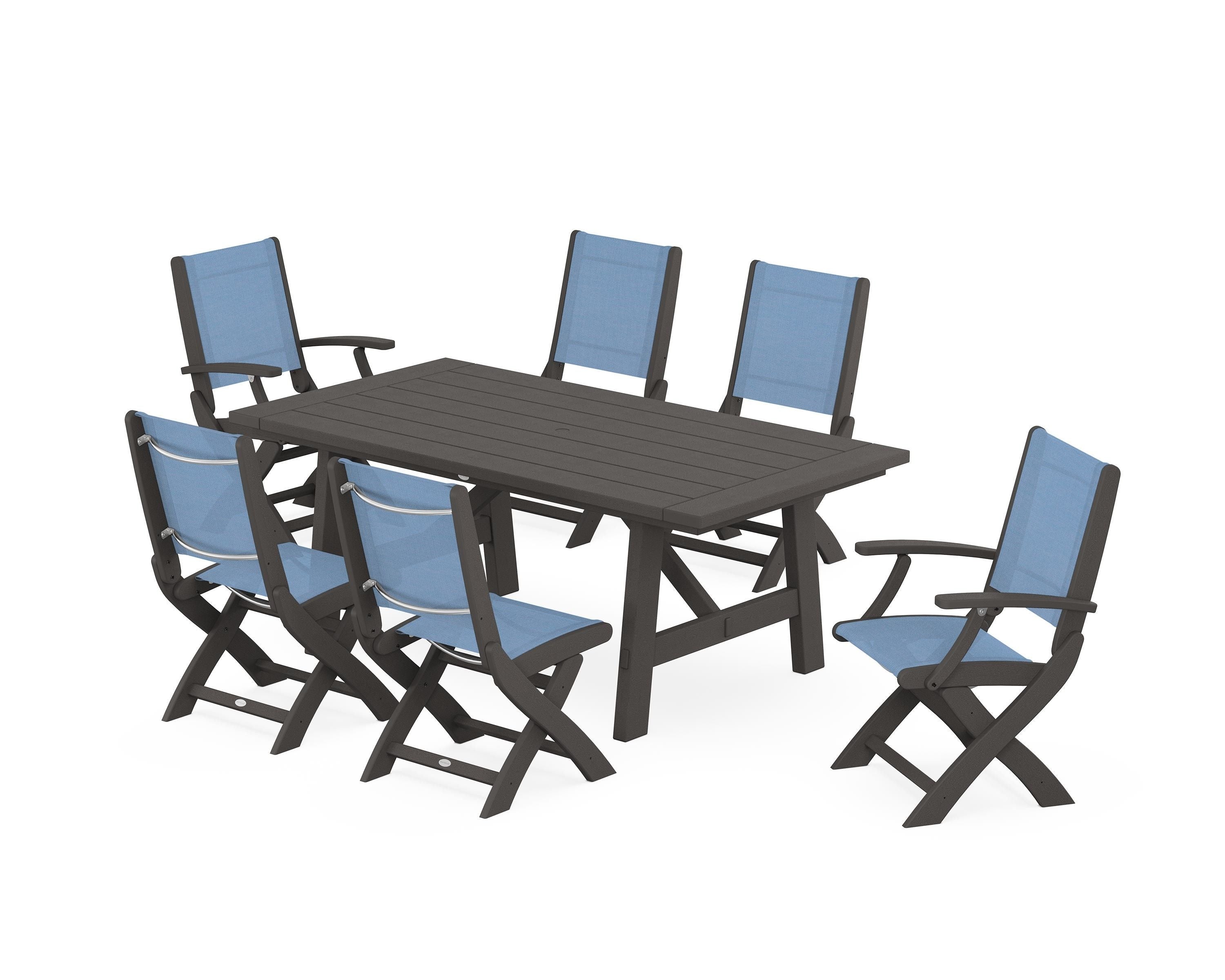 POLYWOOD Coastal Folding Chair 7-Piece Rustic Farmhouse Dining Set in Vintage Coffee / Poolside Sling
