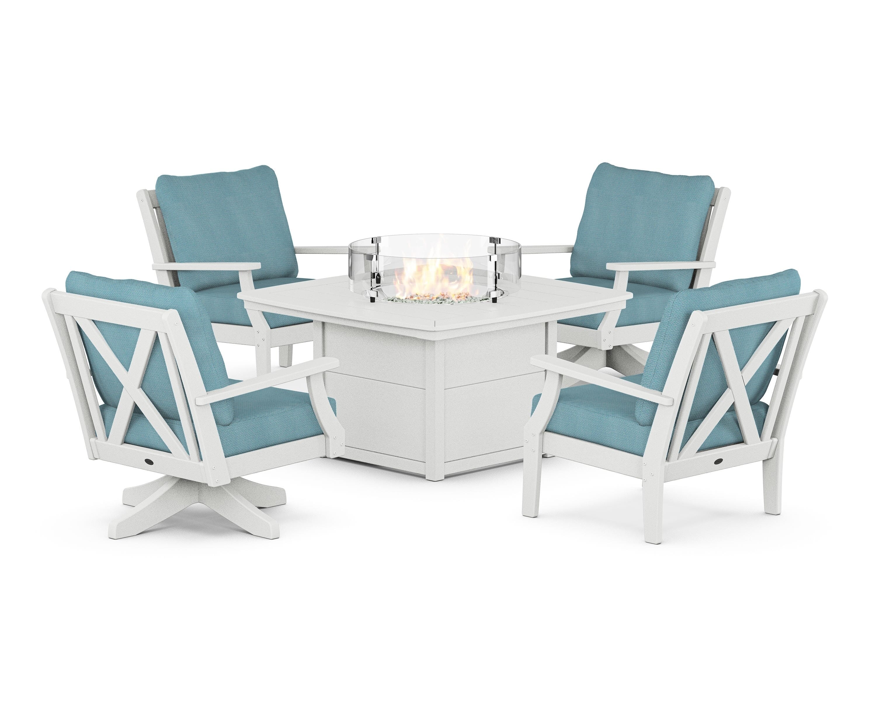 POLYWOOD Braxton 5-Piece Deep Seating Set with Fire Table in Vintage White / Lattice Sky Blue