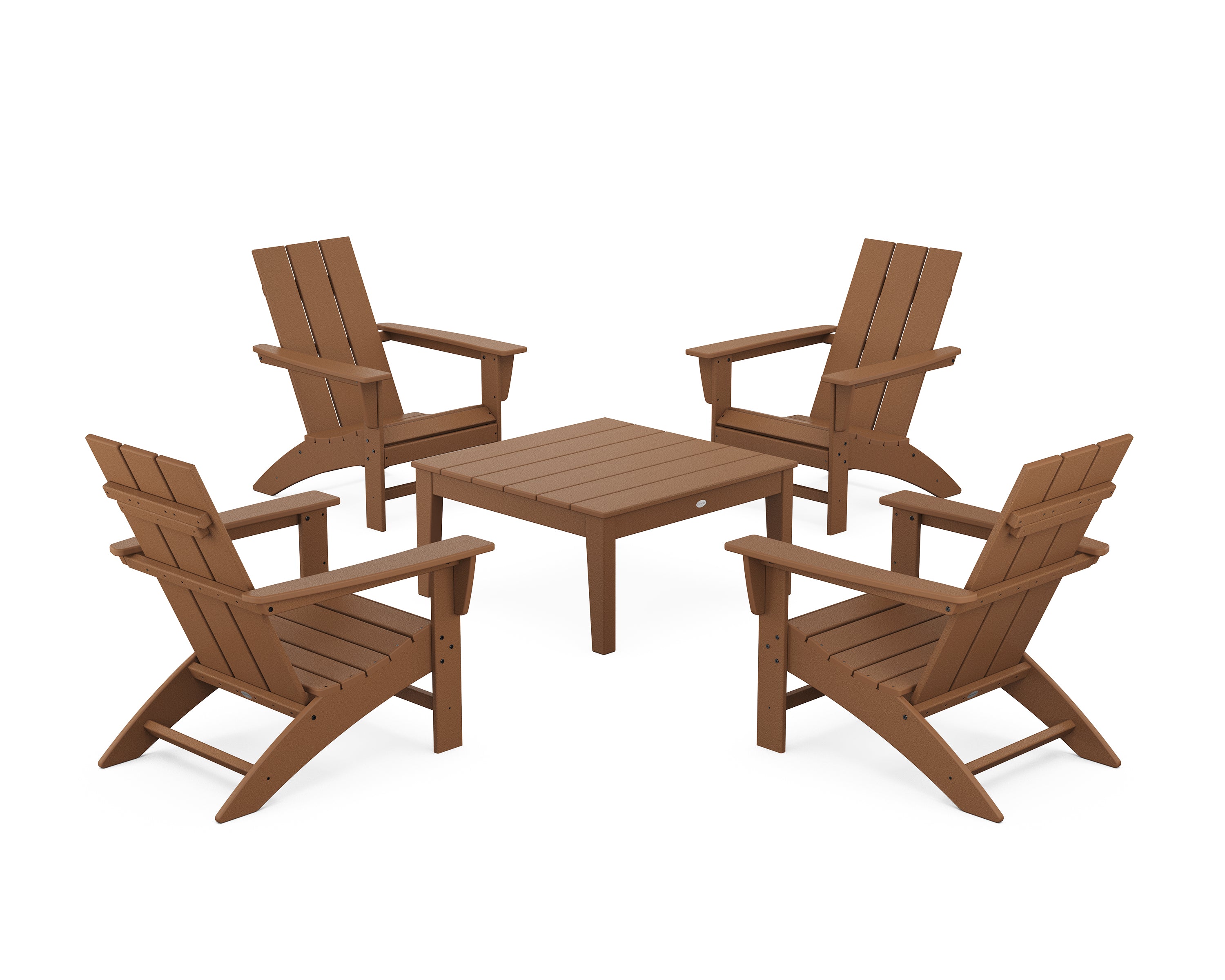 POLYWOOD® 5-Piece Modern Adirondack Chair Conversation Set with 36" Conversation Table in Teak
