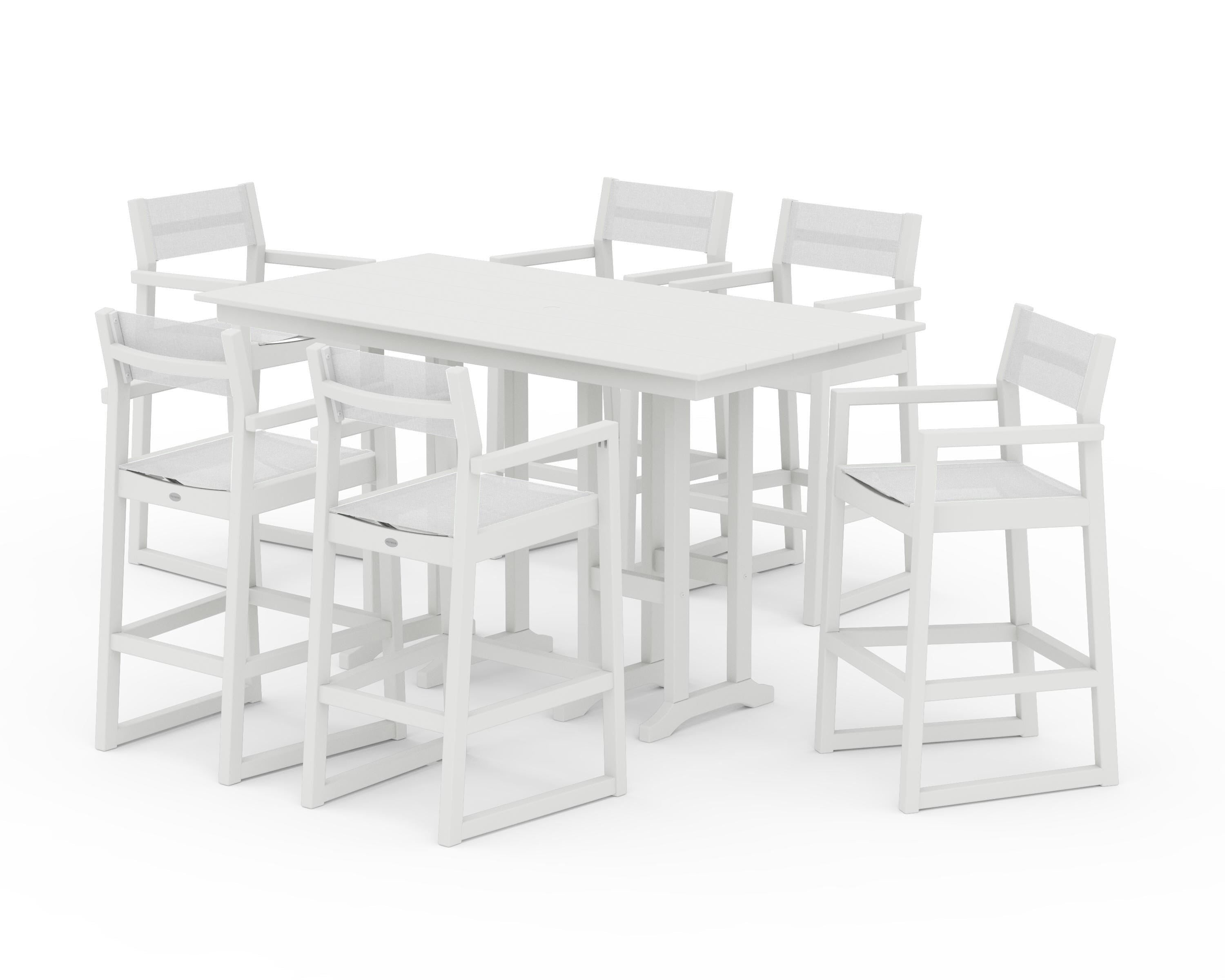 POLYWOOD EDGE Sling Arm Chair 7-Piece Farmhouse Bar Set in Vintage White / White Sling