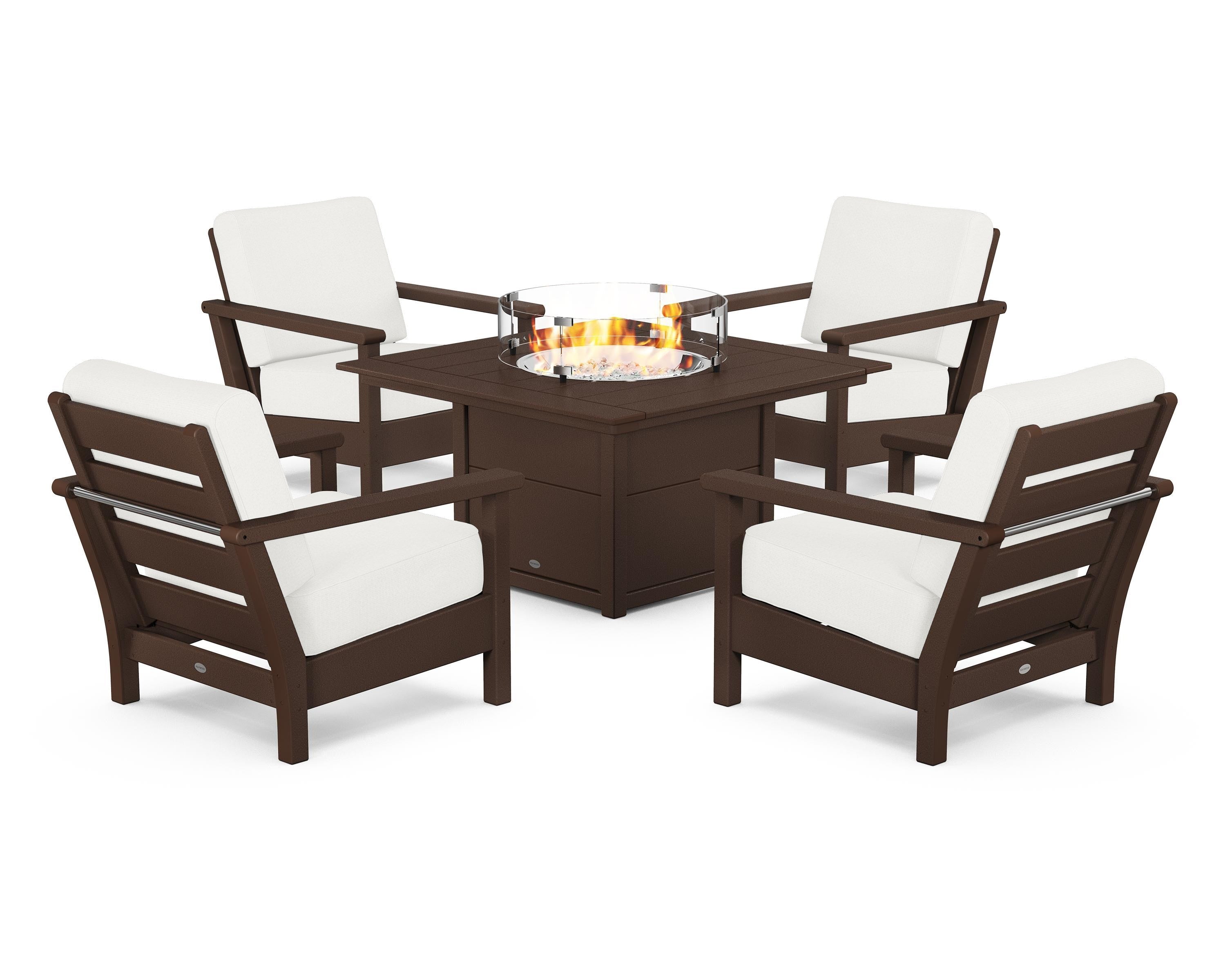 POLYWOOD Harbour 5-Piece Conversation Set with Fire Pit Table in Mahogany / Natural Linen